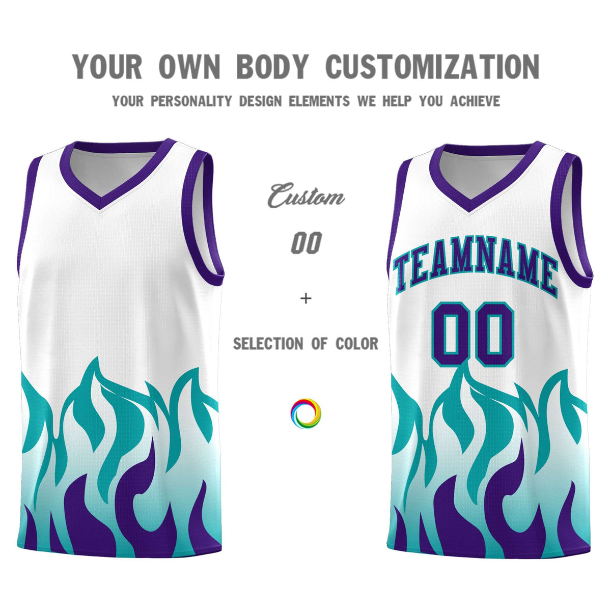 Custom White Aqua Hem Flame Pattern Fashion Sports Uniform Basketball Kits