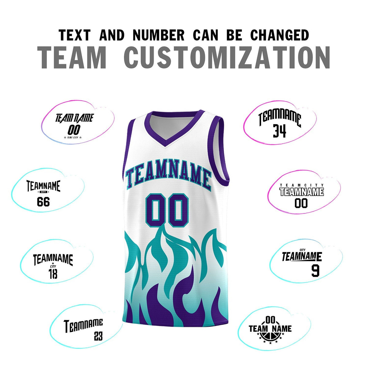 Custom White Aqua Hem Flame Pattern Fashion Sports Uniform Basketball Kits