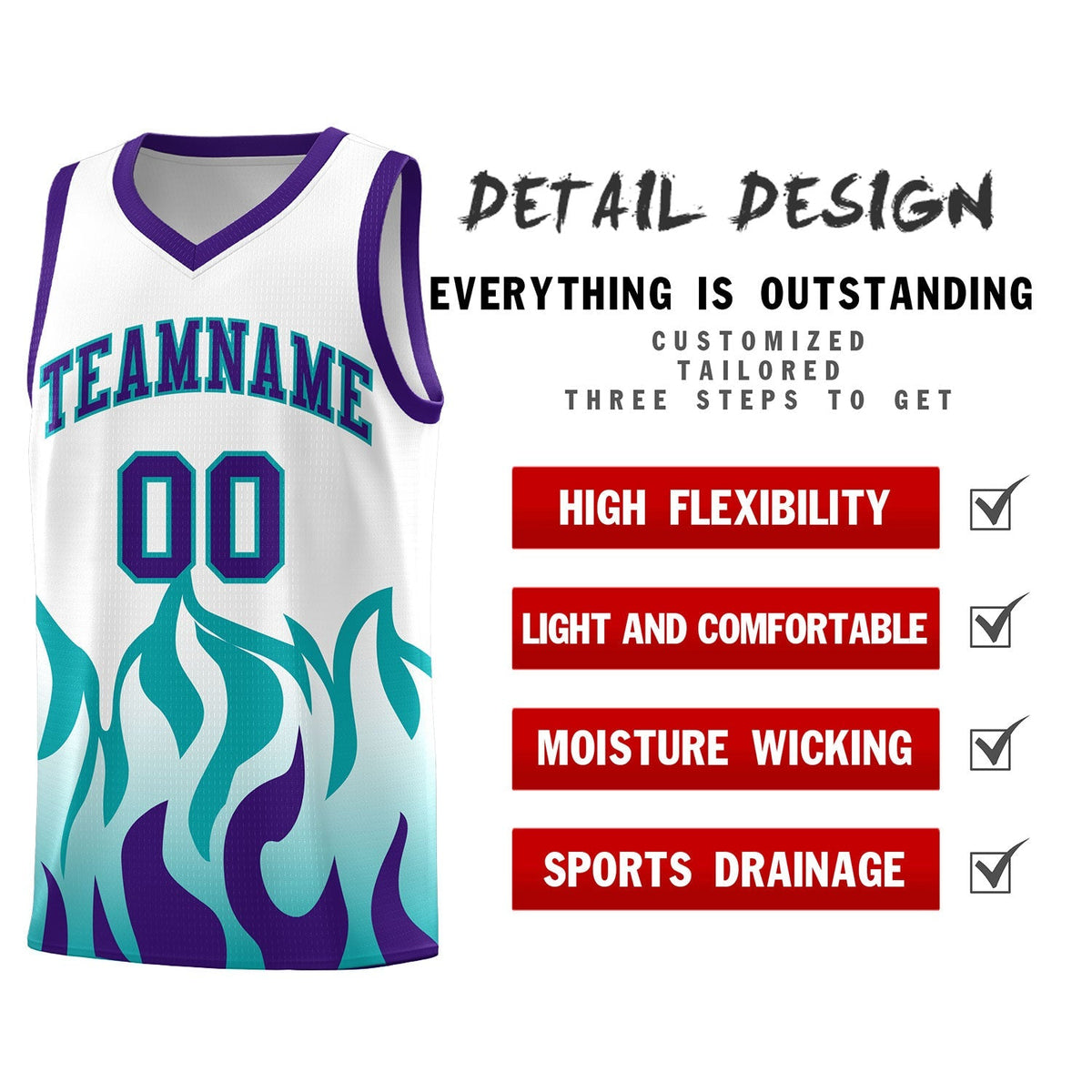 Custom White Aqua Hem Flame Pattern Fashion Sports Uniform Basketball Kits