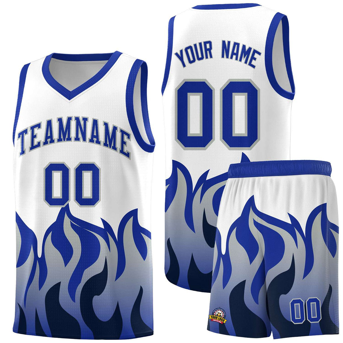 Custom White Royal Hem Flame Pattern Fashion Sports Uniform Basketball Kits