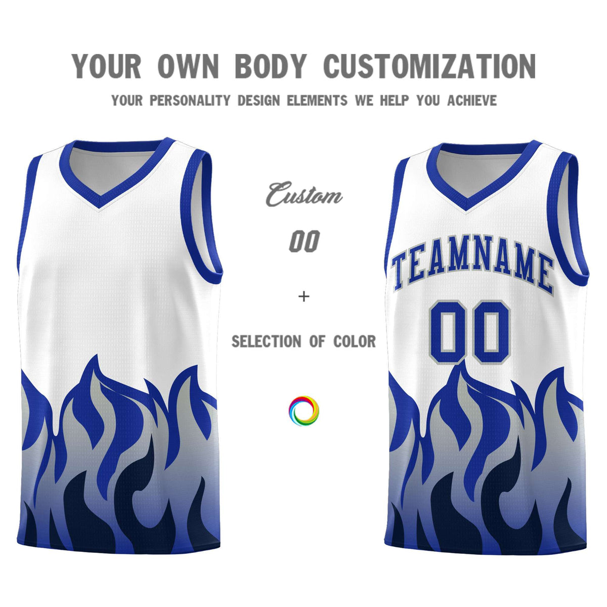 Custom White Royal Hem Flame Pattern Fashion Sports Uniform Basketball Kits