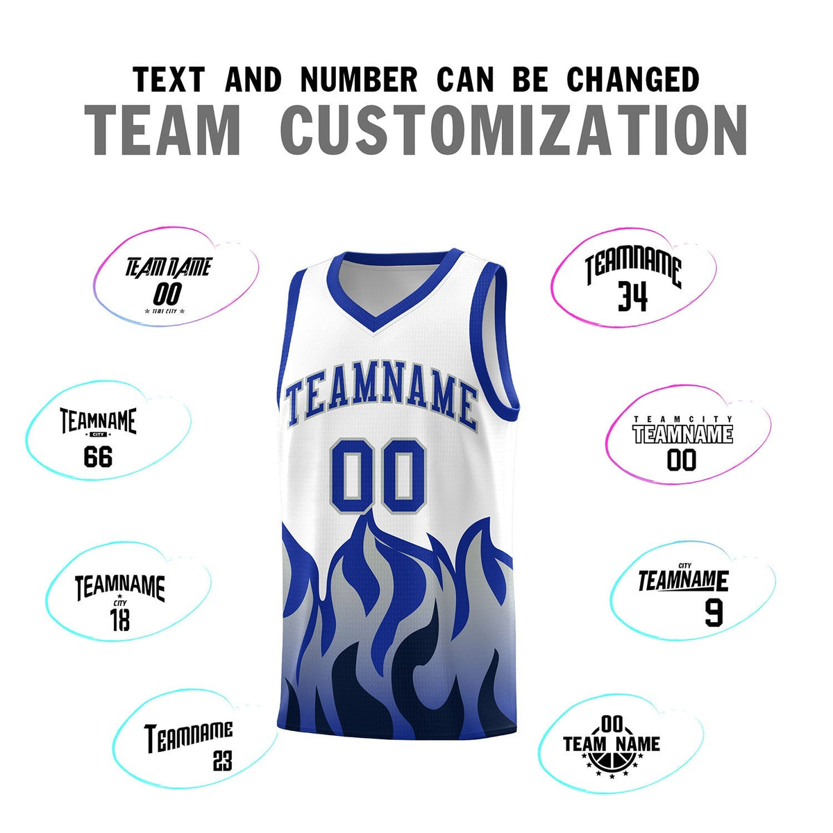 Custom White Royal Hem Flame Pattern Fashion Sports Uniform Basketball Kits