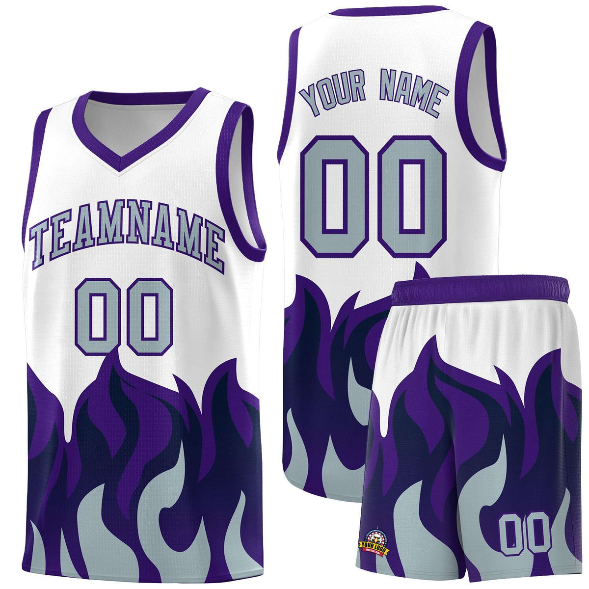 Custom White Purple Hem Flame Pattern Fashion Sports Uniform Basketball Kits