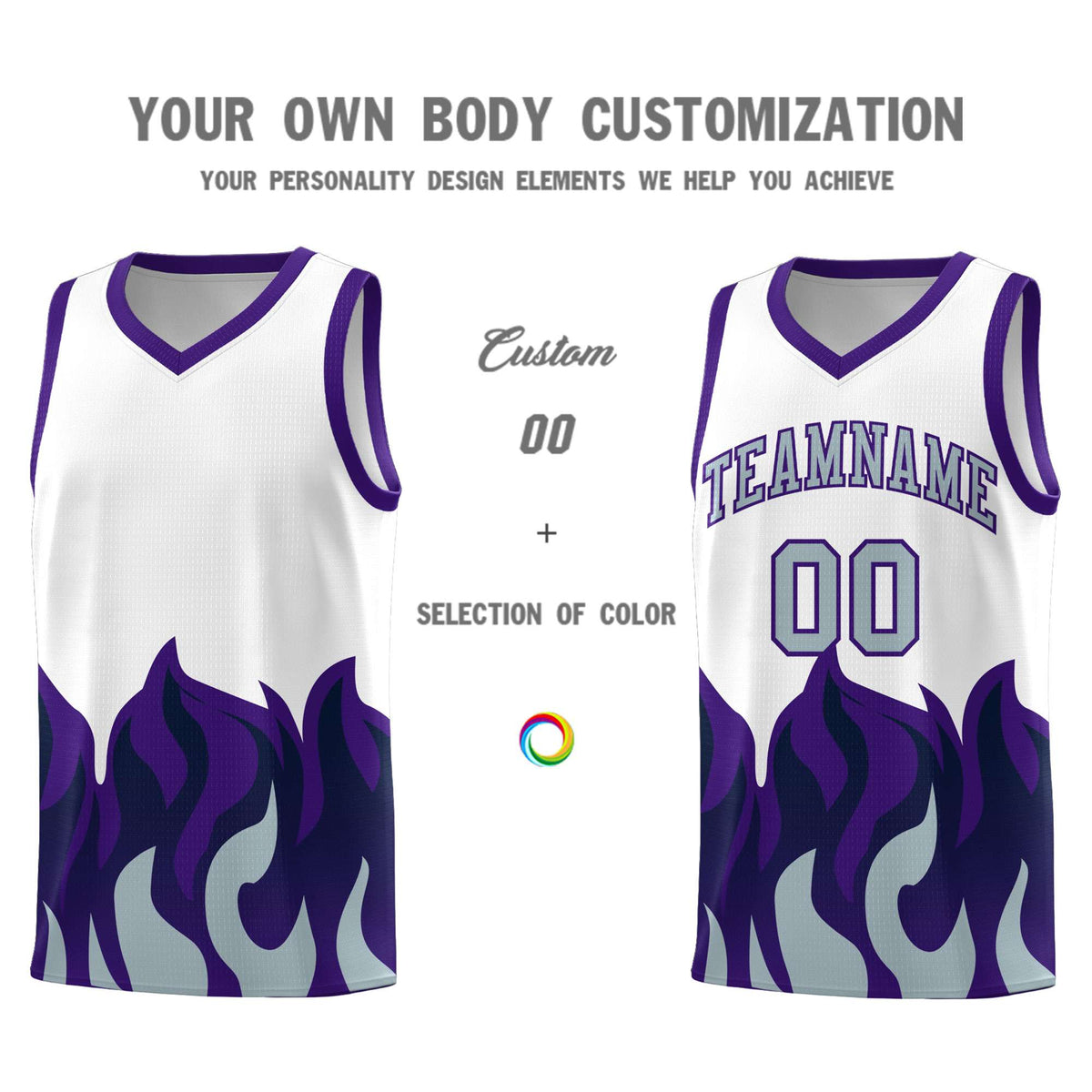 Custom White Purple Hem Flame Pattern Fashion Sports Uniform Basketball Kits