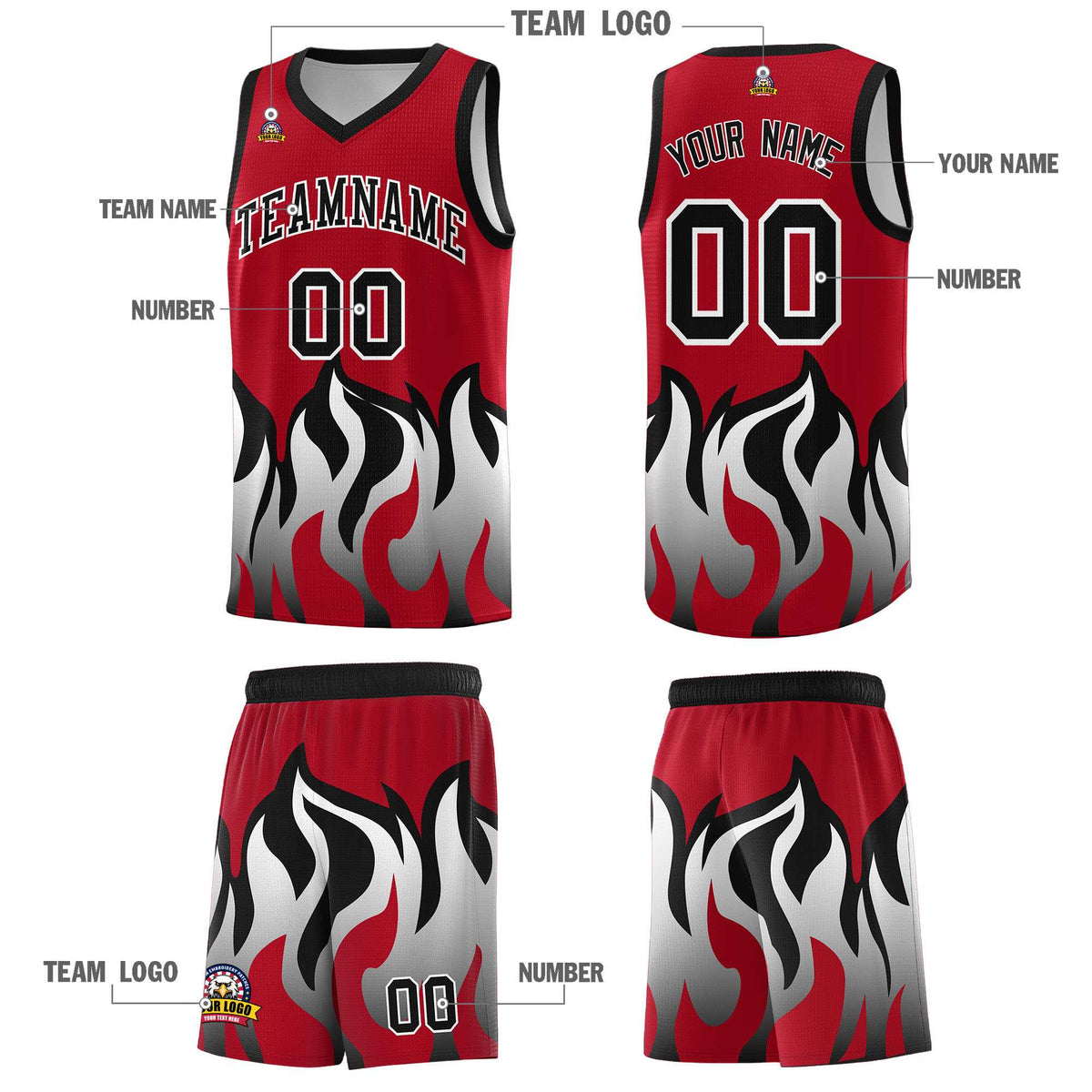 Custom Red Black Hem Flame Pattern Fashion Sports Uniform Basketball Kits