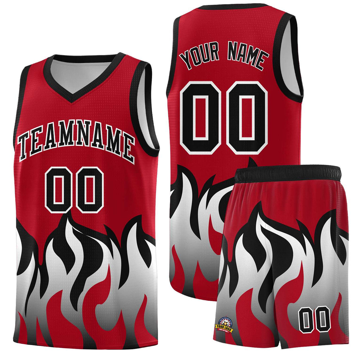 Custom Red Black Hem Flame Pattern Fashion Sports Uniform Basketball Kits