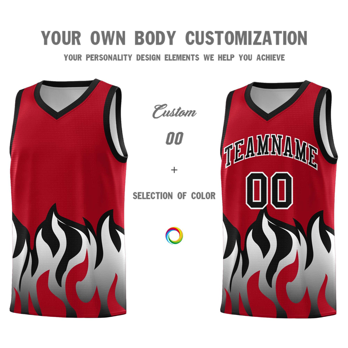 Custom Red Black Hem Flame Pattern Fashion Sports Uniform Basketball Kits