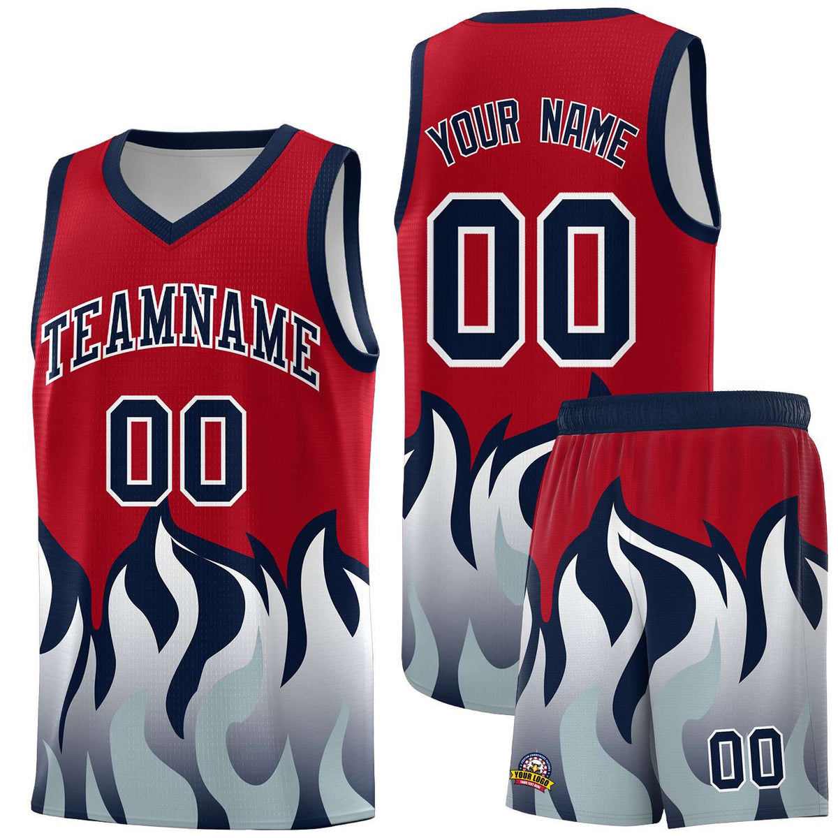 Custom Red Navy Hem Flame Pattern Fashion Sports Uniform Basketball Kits