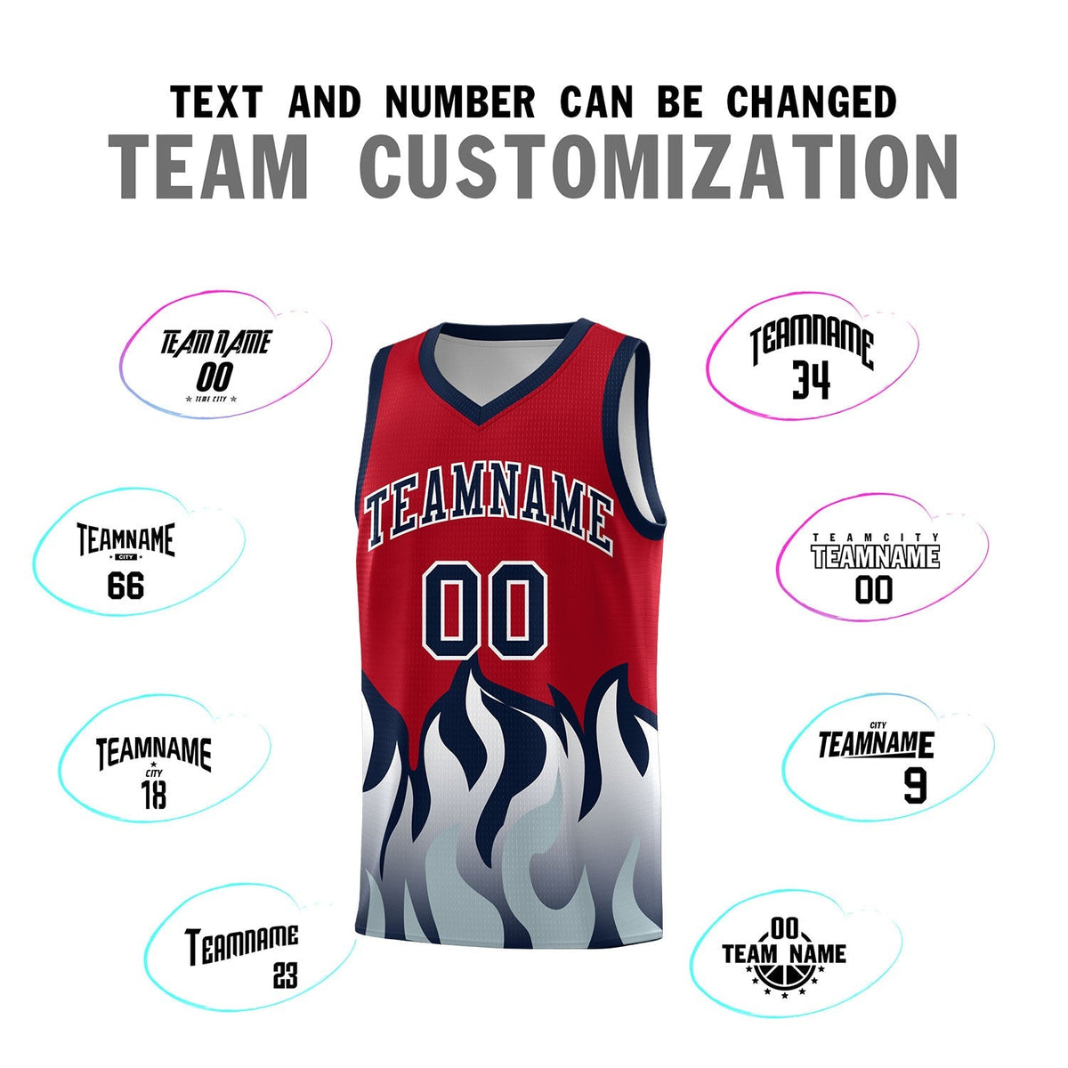 Custom Red Navy Hem Flame Pattern Fashion Sports Uniform Basketball Kits