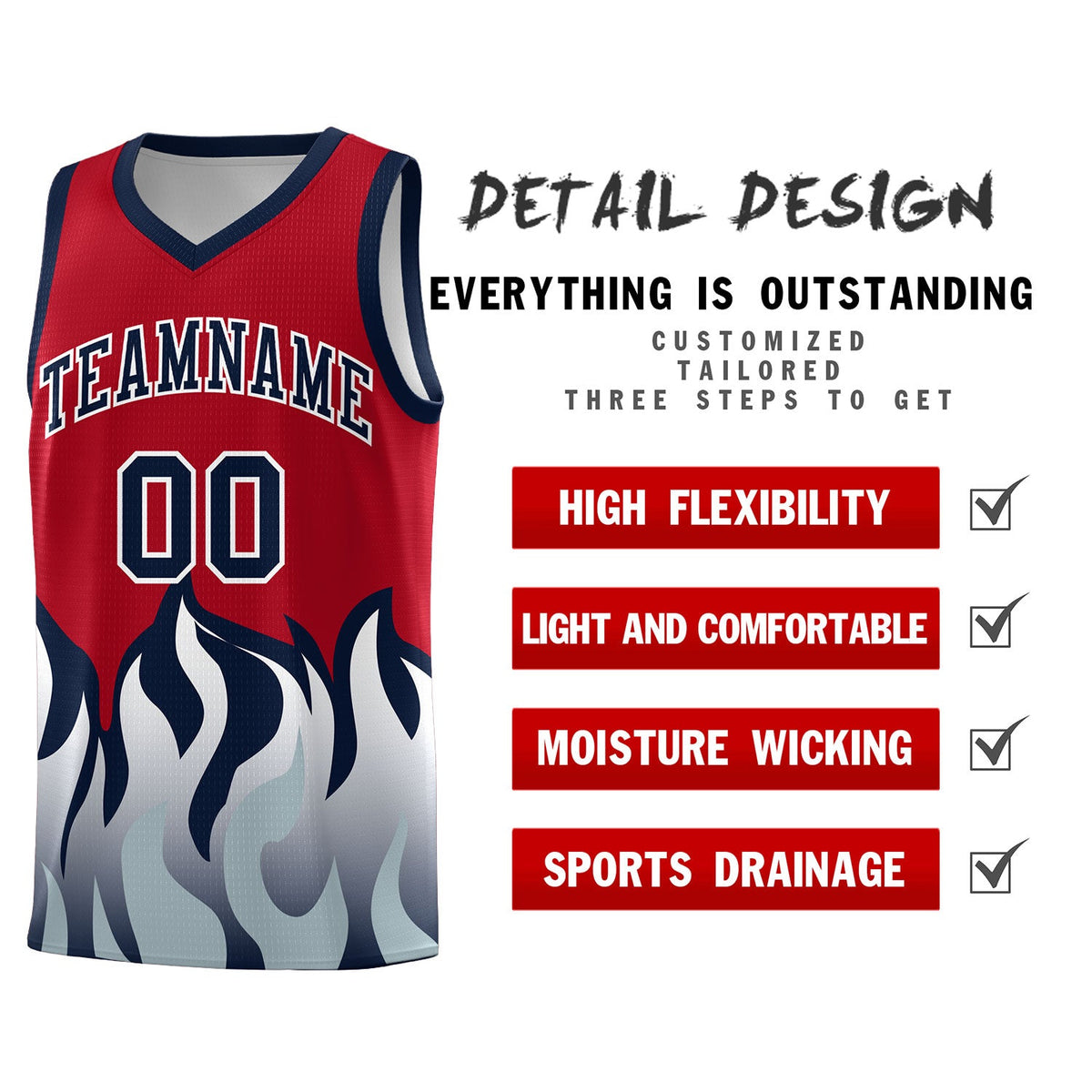 Custom Red Navy Hem Flame Pattern Fashion Sports Uniform Basketball Kits