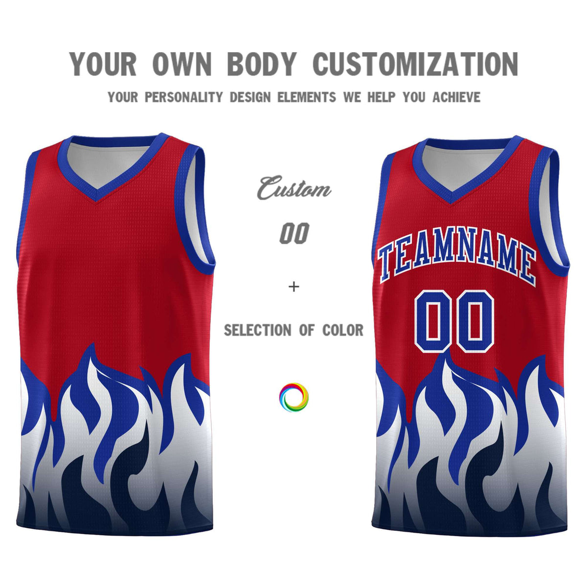 Custom Red Royal Hem Flame Pattern Fashion Sports Uniform Basketball Kits