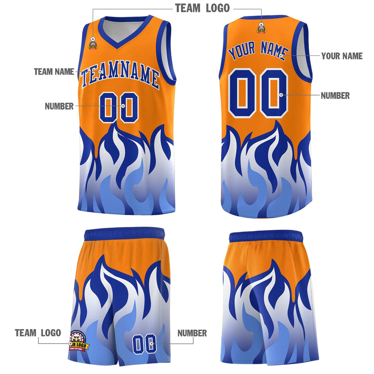 Custom Orange Royal Hem Flame Pattern Fashion Sports Uniform Basketball Kits