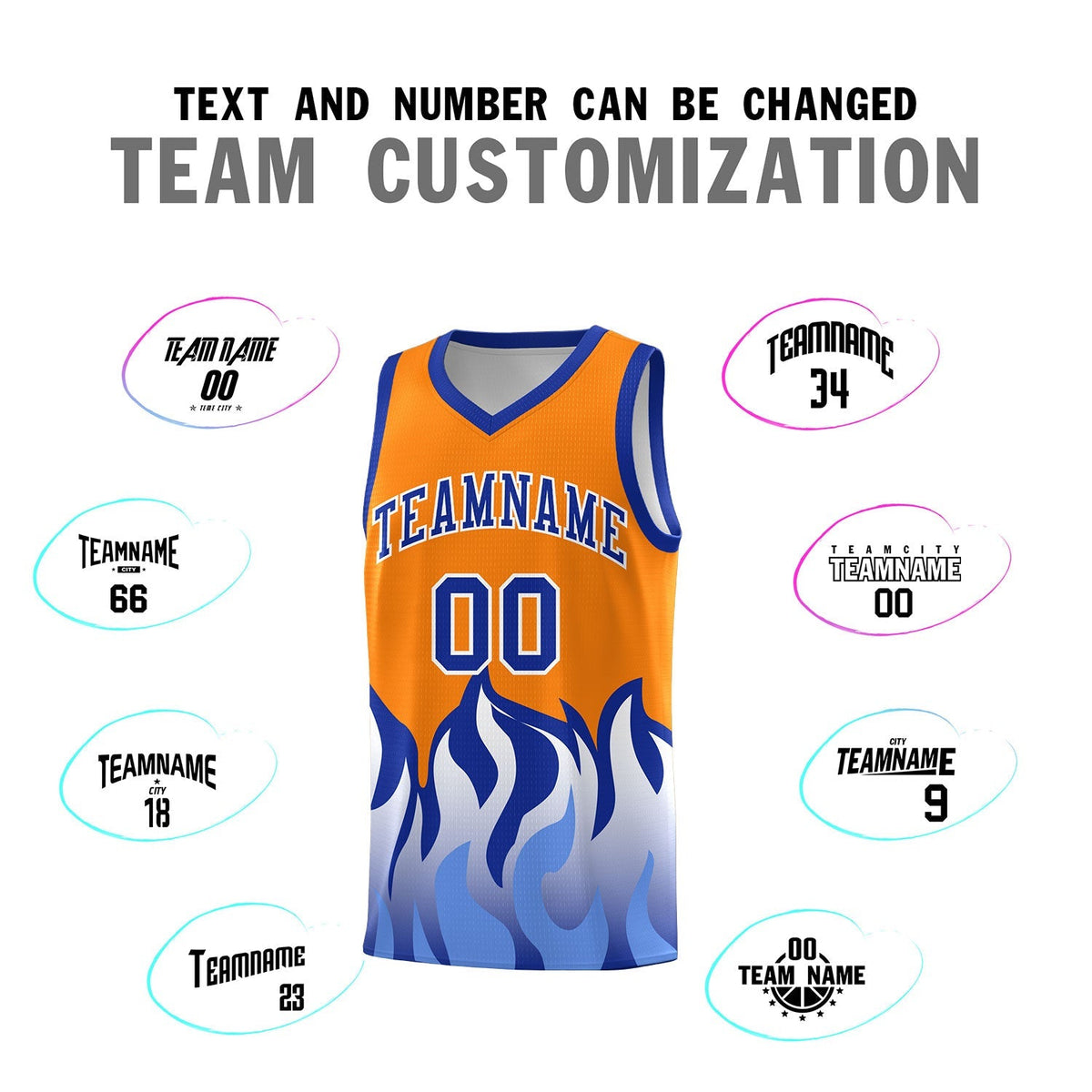 Custom Orange Royal Hem Flame Pattern Fashion Sports Uniform Basketball Kits