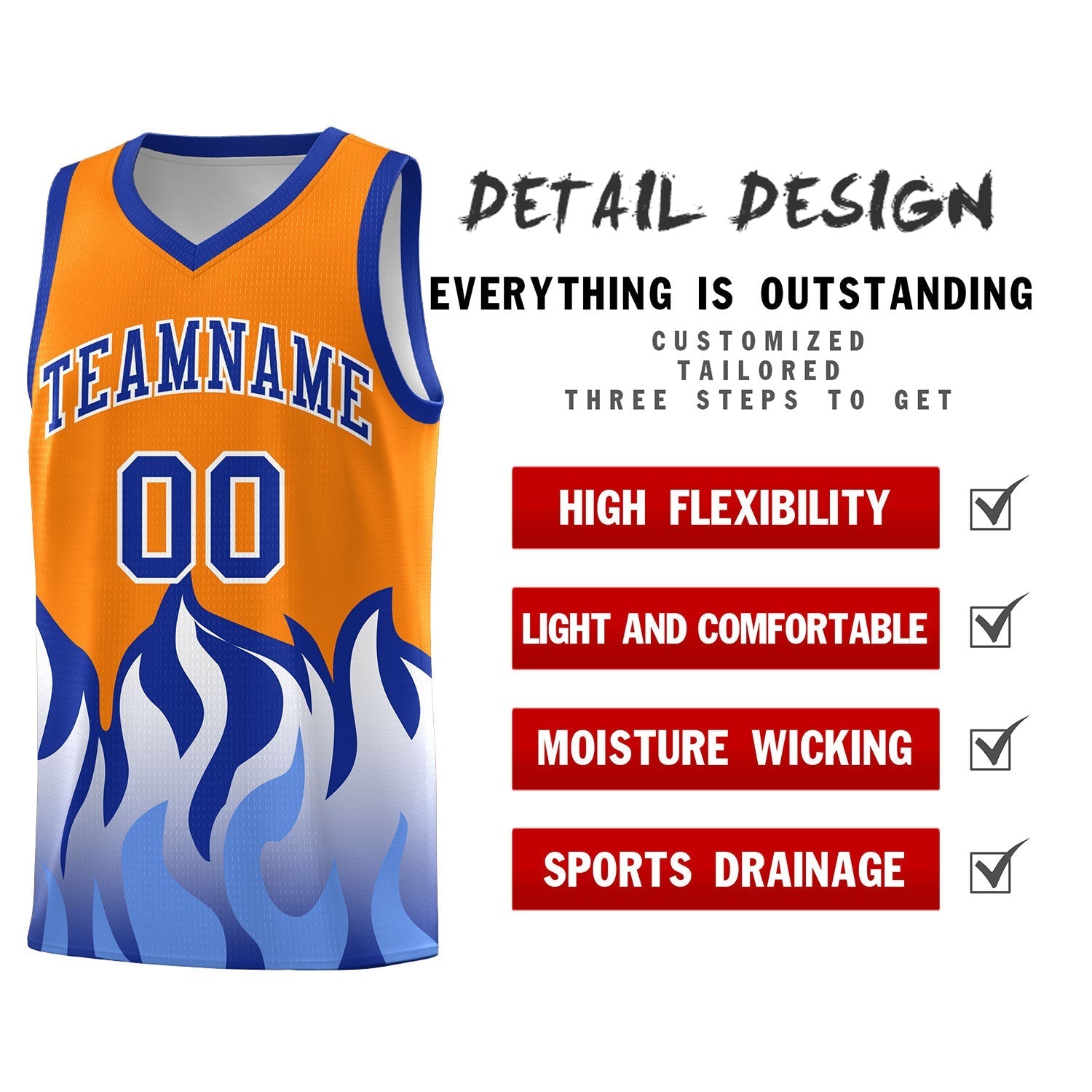 Custom Orange Royal Hem Flame Pattern Fashion Sports Uniform Basketball Kits