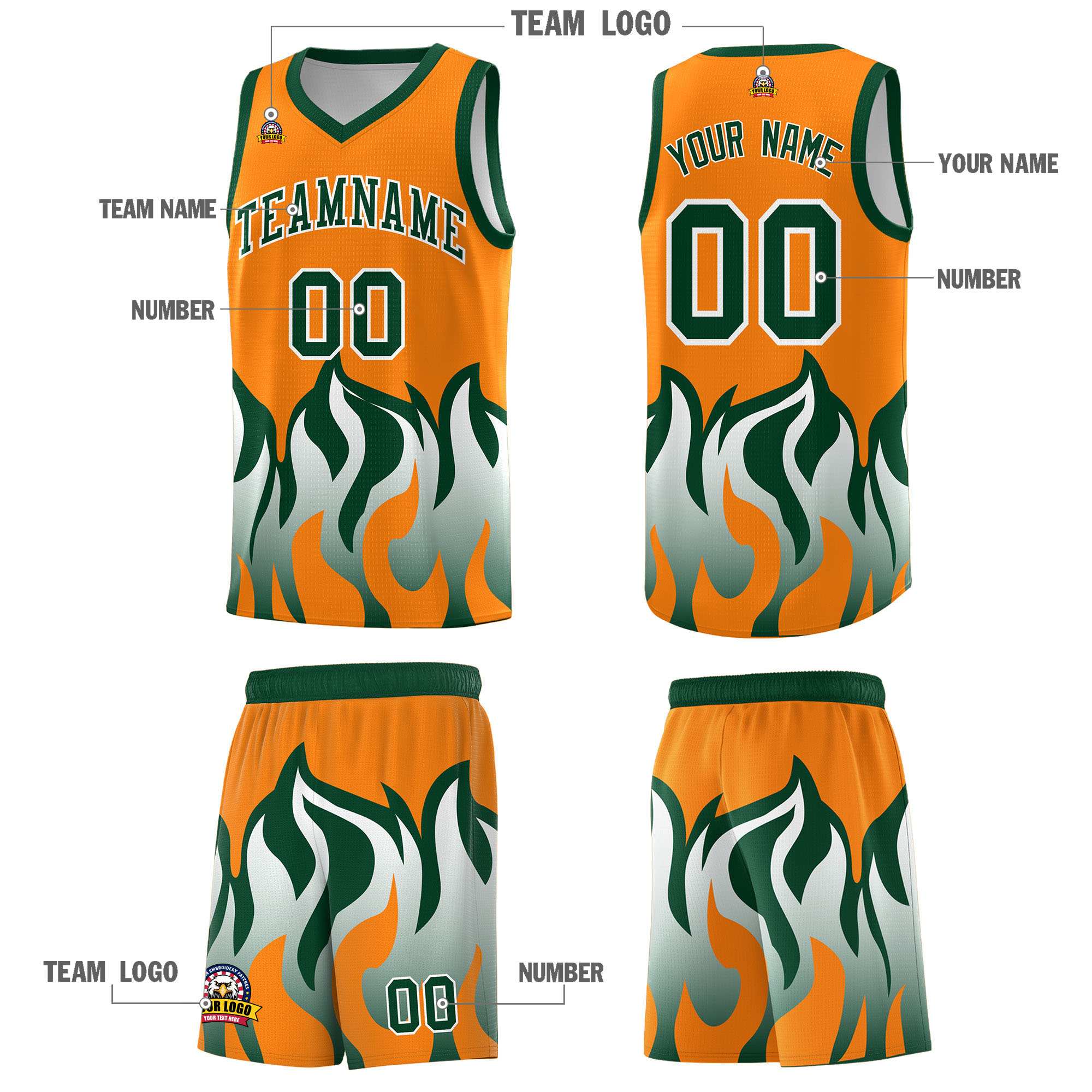 Custom Orange Hunter Green Hem Flame Pattern Fashion Sports Uniform Basketball Kits