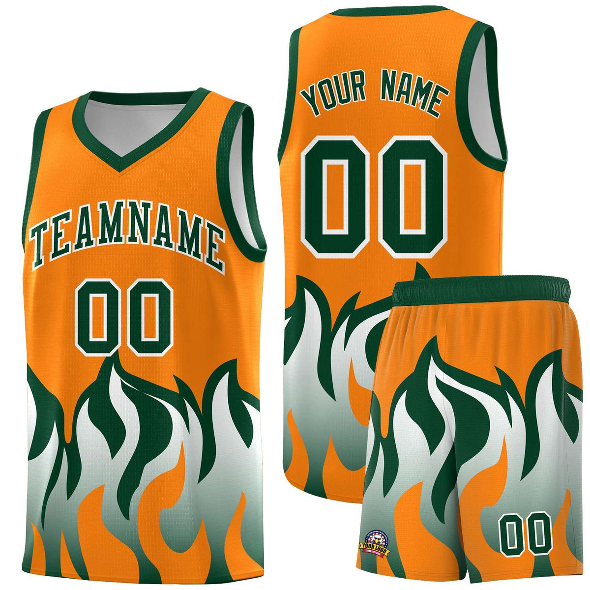 Custom Orange Hunter Green Hem Flame Pattern Fashion Sports Uniform Basketball Kits