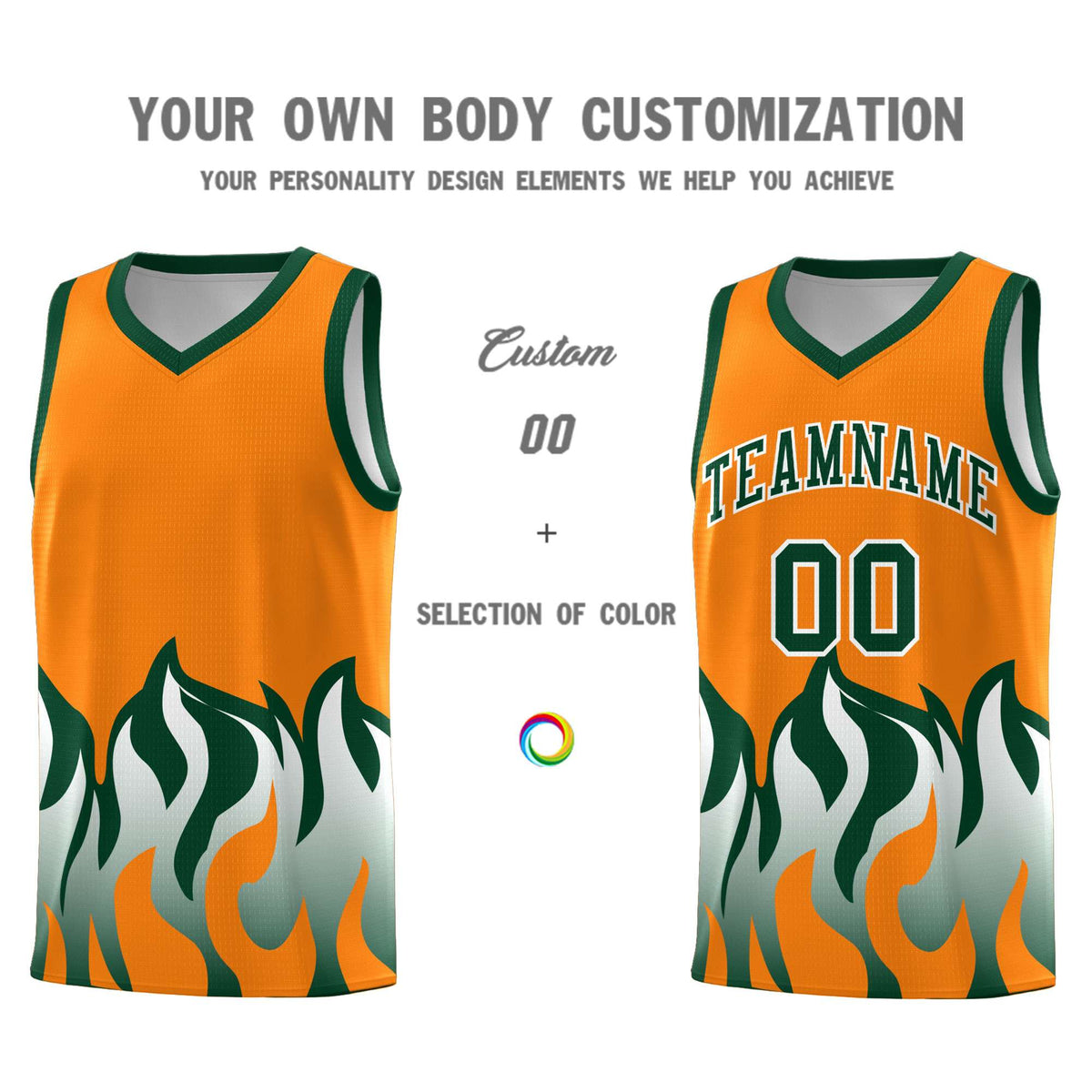 Custom Orange Hunter Green Hem Flame Pattern Fashion Sports Uniform Basketball Kits