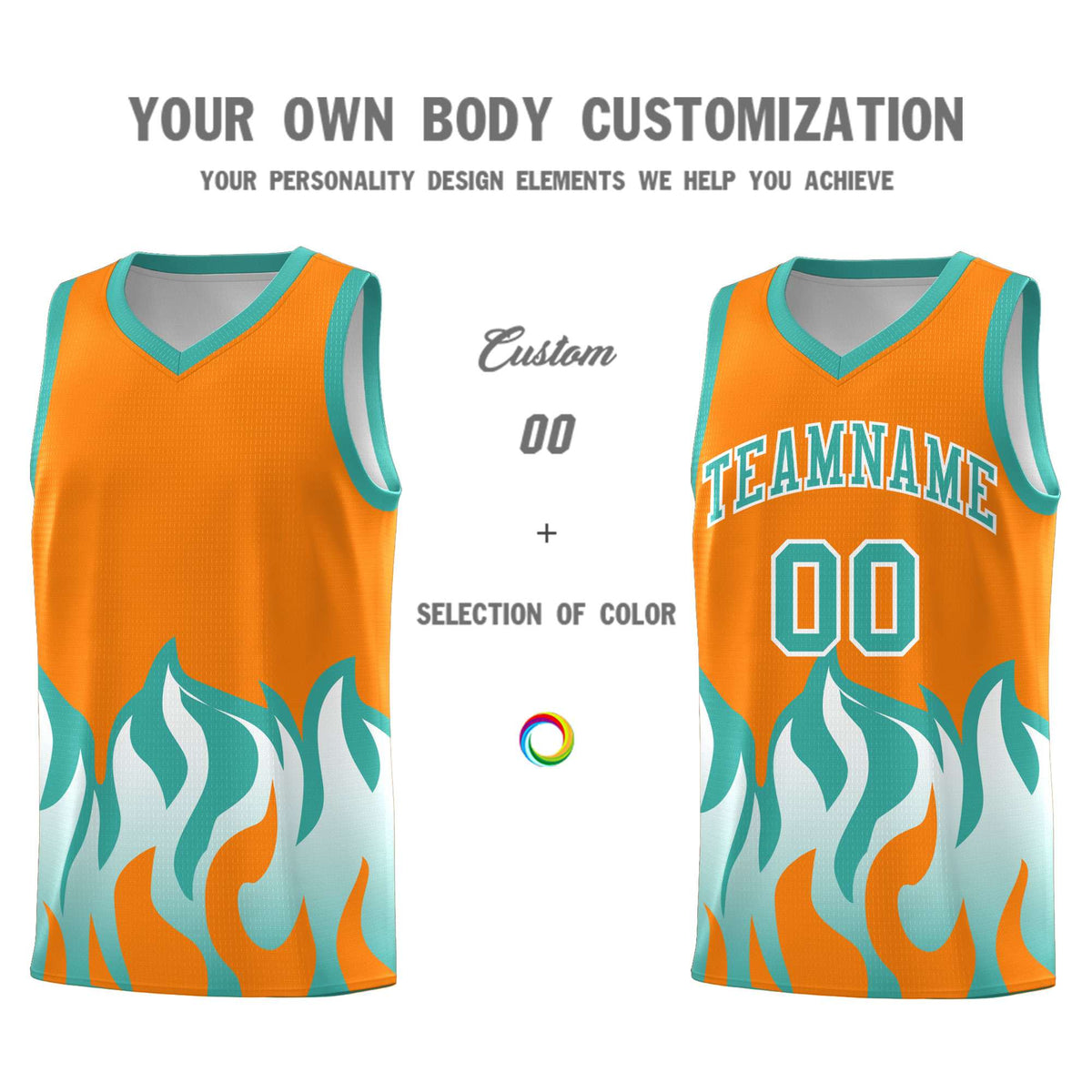Custom Orange Bright Green Hem Flame Pattern Fashion Sports Uniform Basketball Kits
