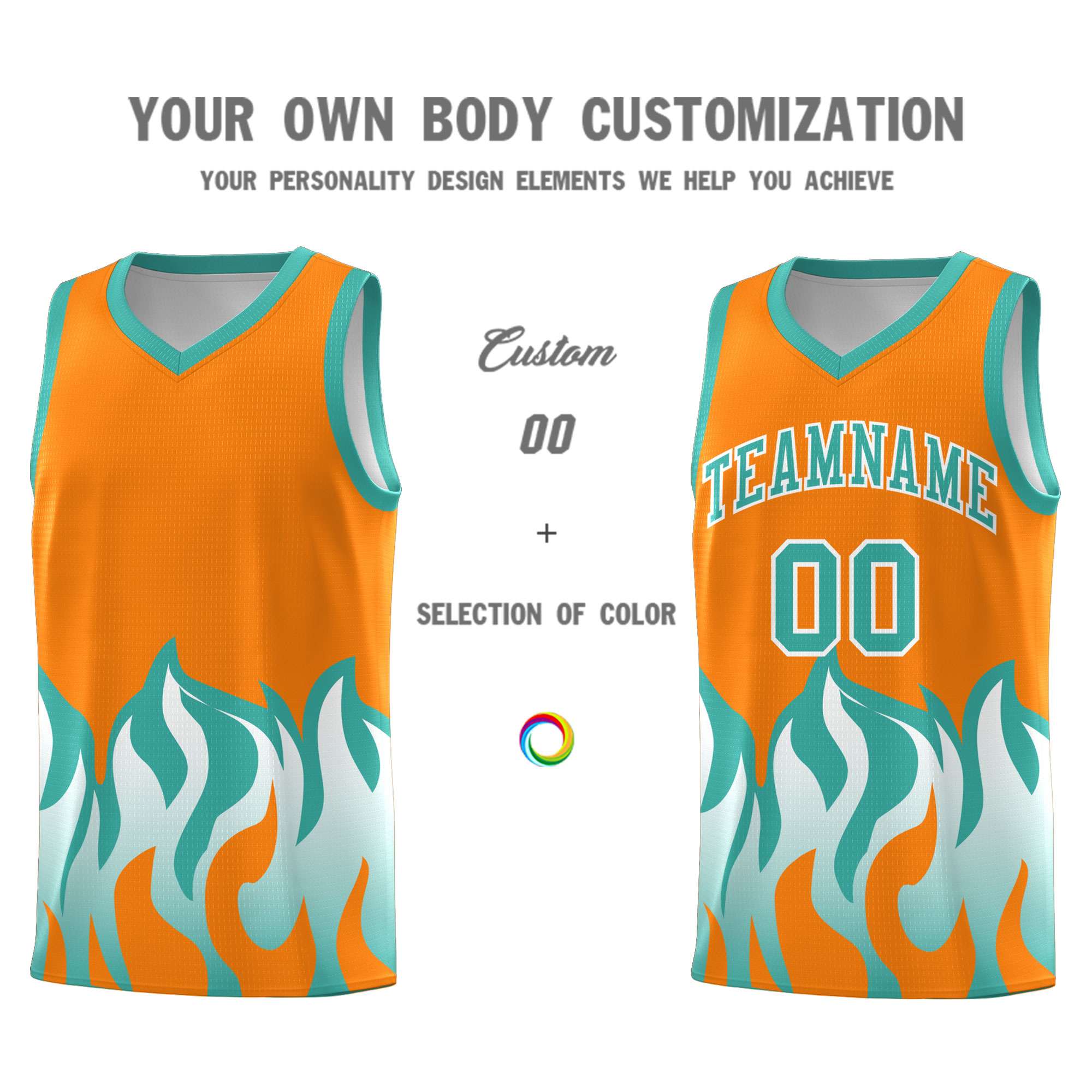 Custom Orange Bright Green Hem Flame Pattern Fashion Sports Uniform Basketball Kits