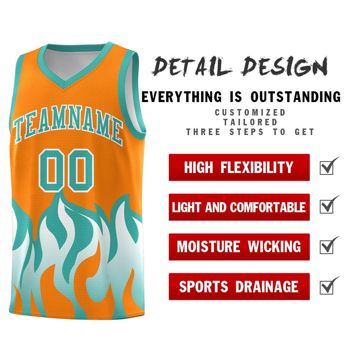 Custom Orange Bright Green Hem Flame Pattern Fashion Sports Uniform Basketball Kits