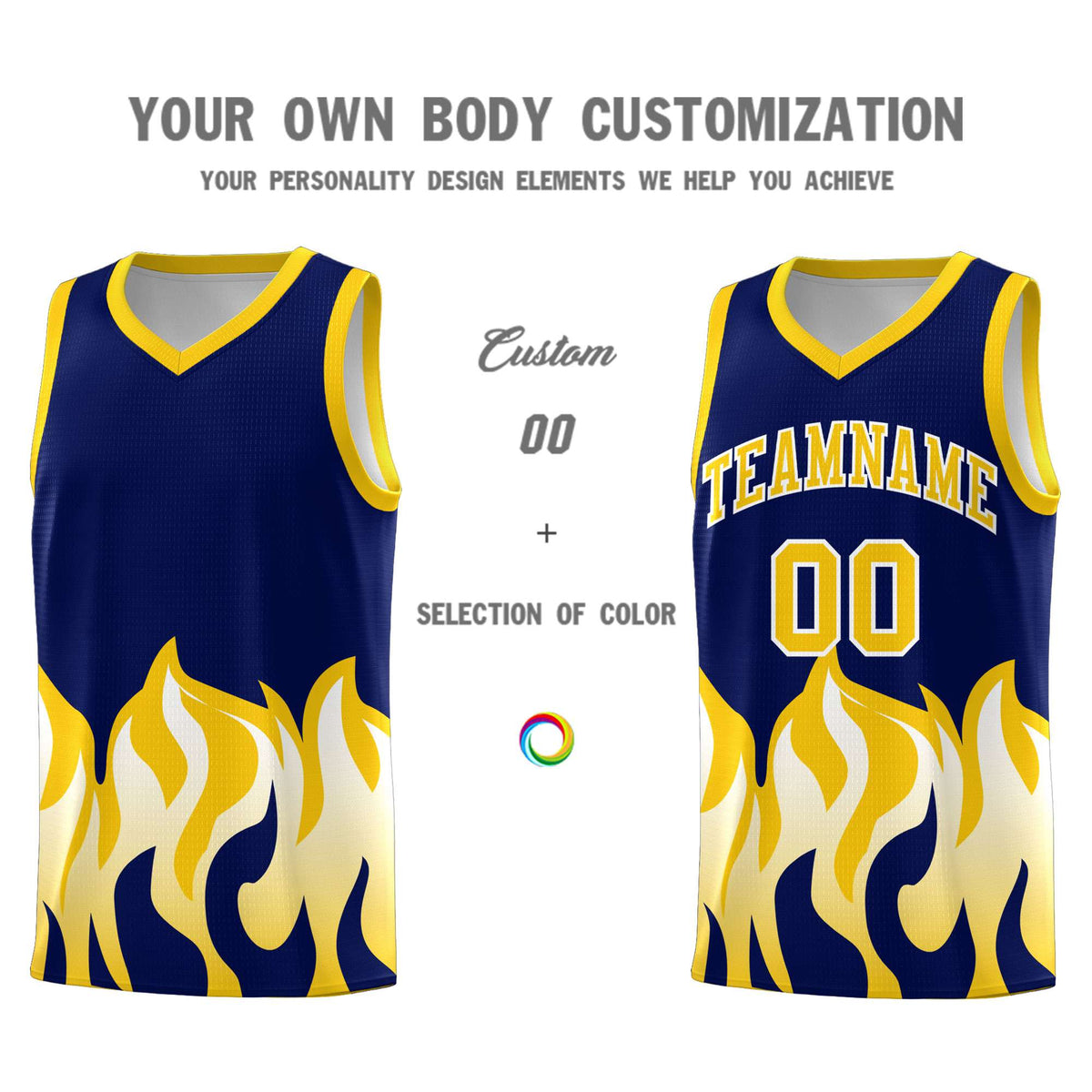 Custom Navy Gold Hem Flame Pattern Fashion Sports Uniform Basketball Kits