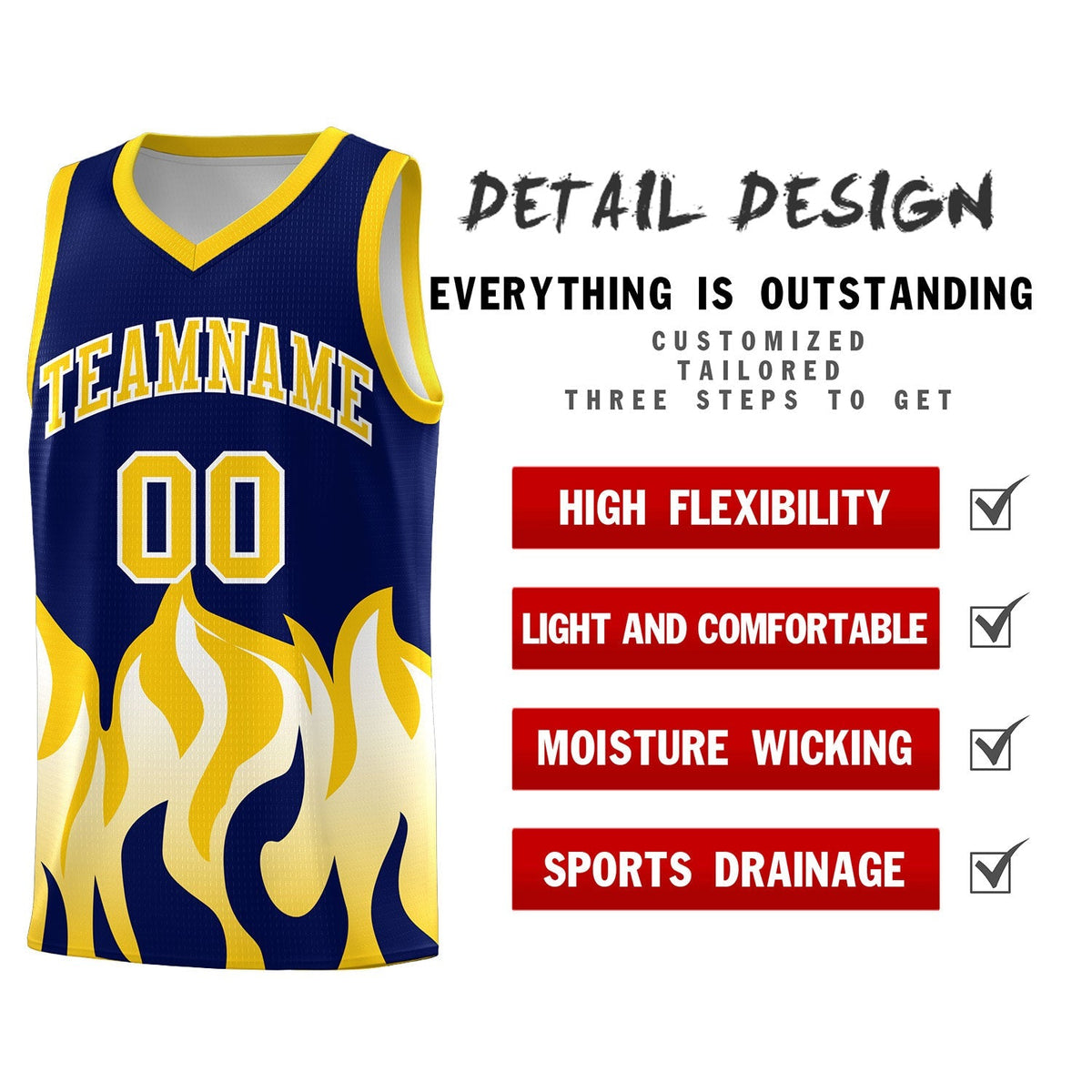 Custom Navy Gold Hem Flame Pattern Fashion Sports Uniform Basketball Kits