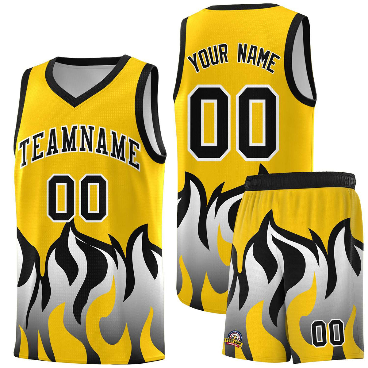 Custom Gold Black Hem Flame Pattern Fashion Sports Uniform Basketball Kits