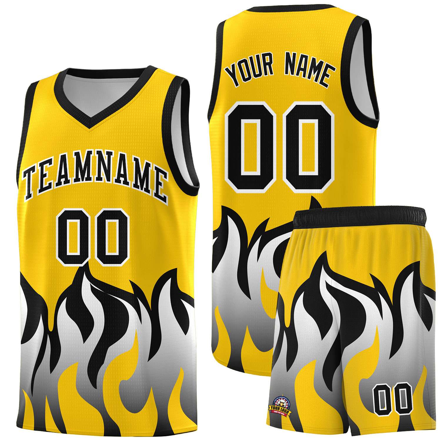 Custom Gold Black Hem Flame Pattern Fashion Sports Uniform Basketball Kits