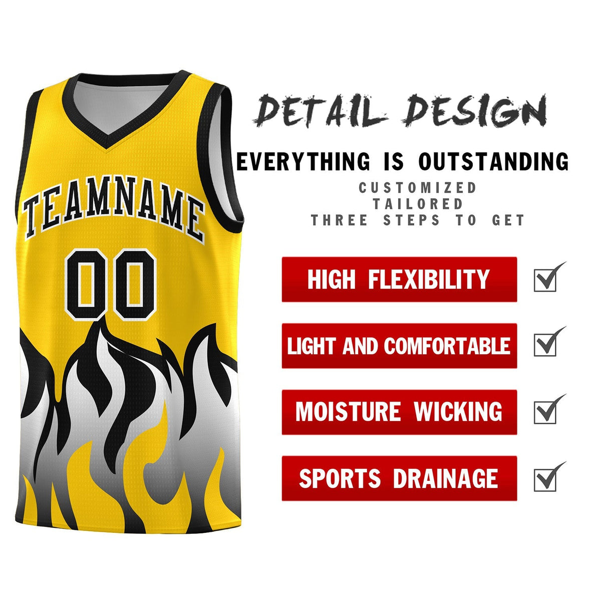 Custom Gold Black Hem Flame Pattern Fashion Sports Uniform Basketball Kits