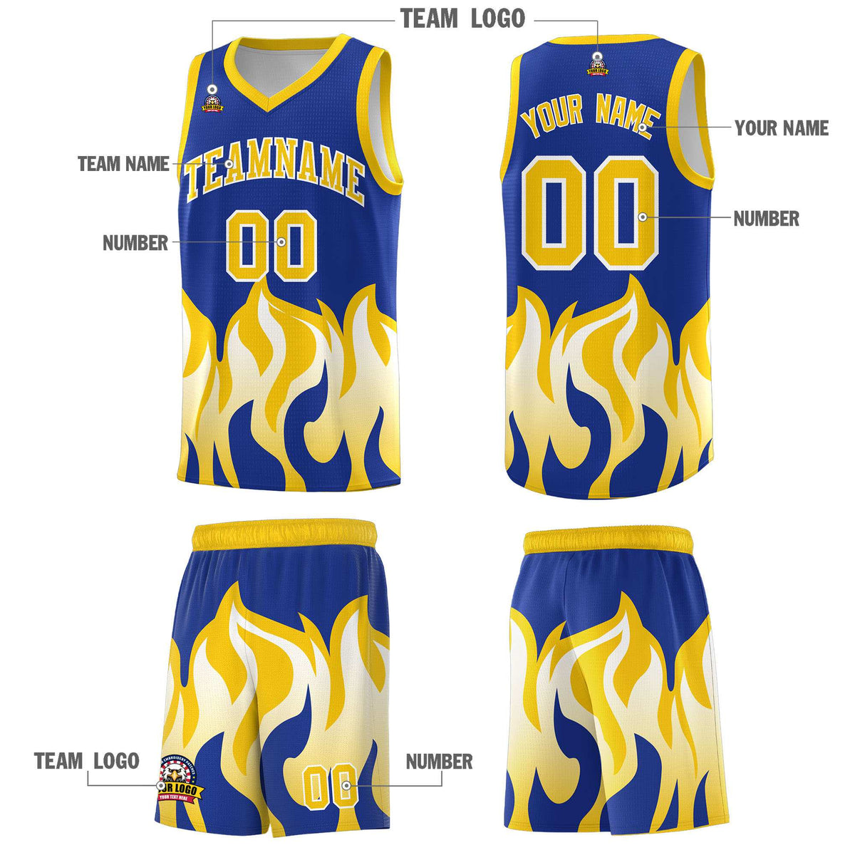 Custom Royal Gold Hem Flame Pattern Fashion Sports Uniform Basketball Kits