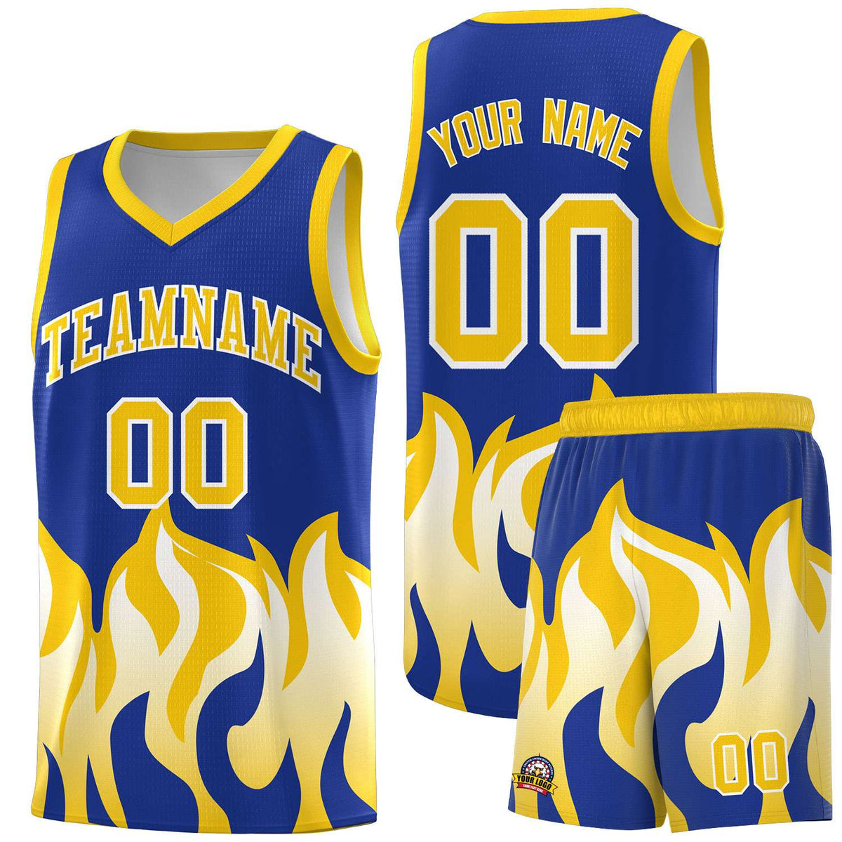 Custom Royal Gold Hem Flame Pattern Fashion Sports Uniform Basketball Kits