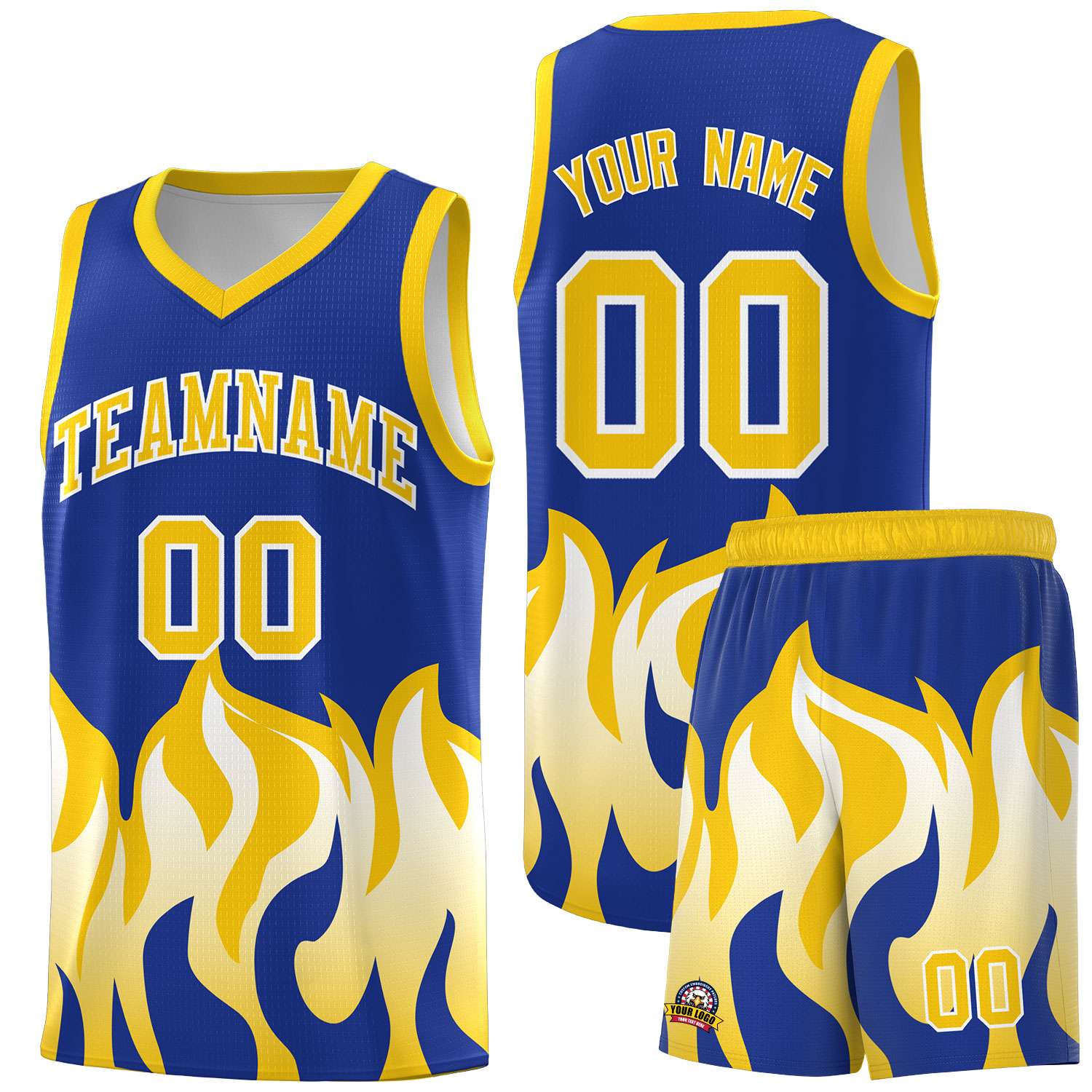 Custom Royal Gold Hem Flame Pattern Fashion Sports Uniform Basketball Kits