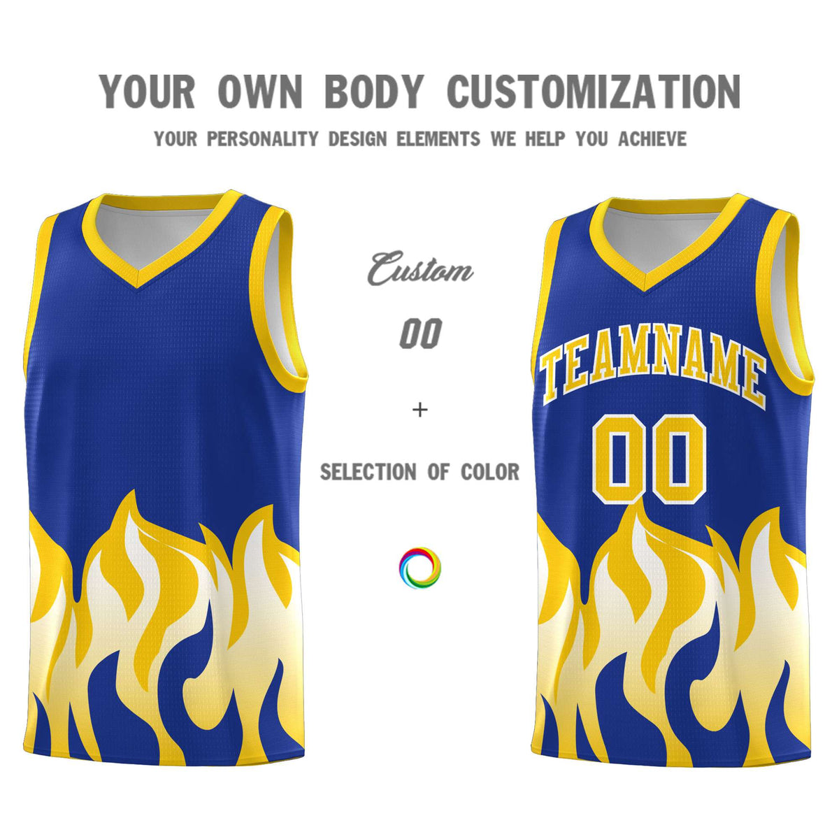 Custom Royal Gold Hem Flame Pattern Fashion Sports Uniform Basketball Kits
