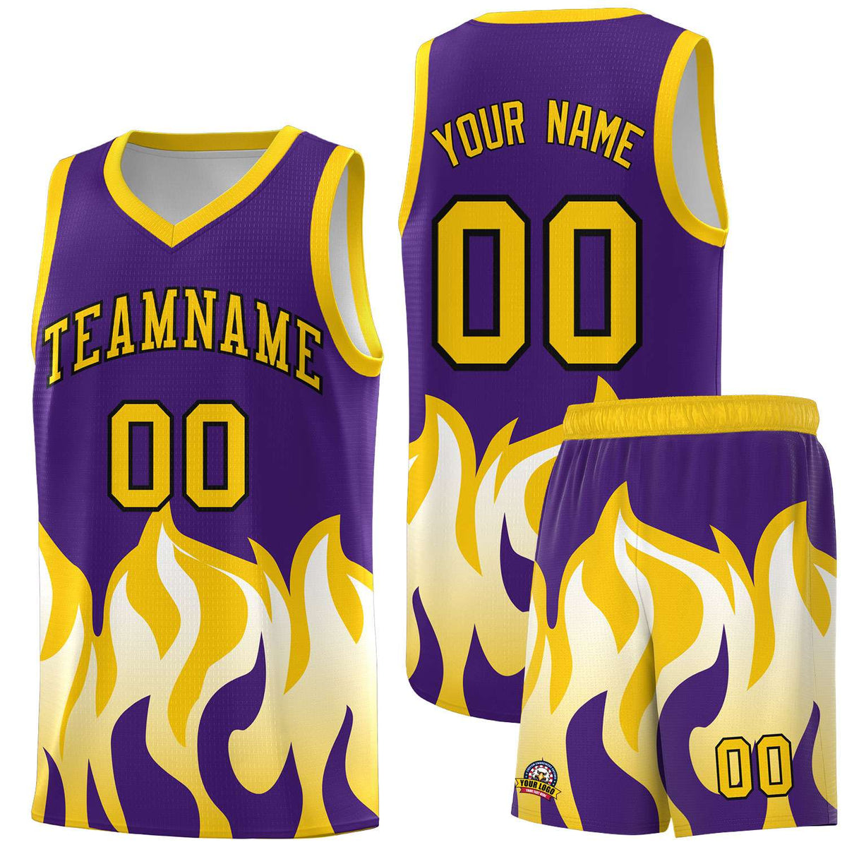 Custom Purple Gold Hem Flame Pattern Fashion Sports Uniform Basketball Kits