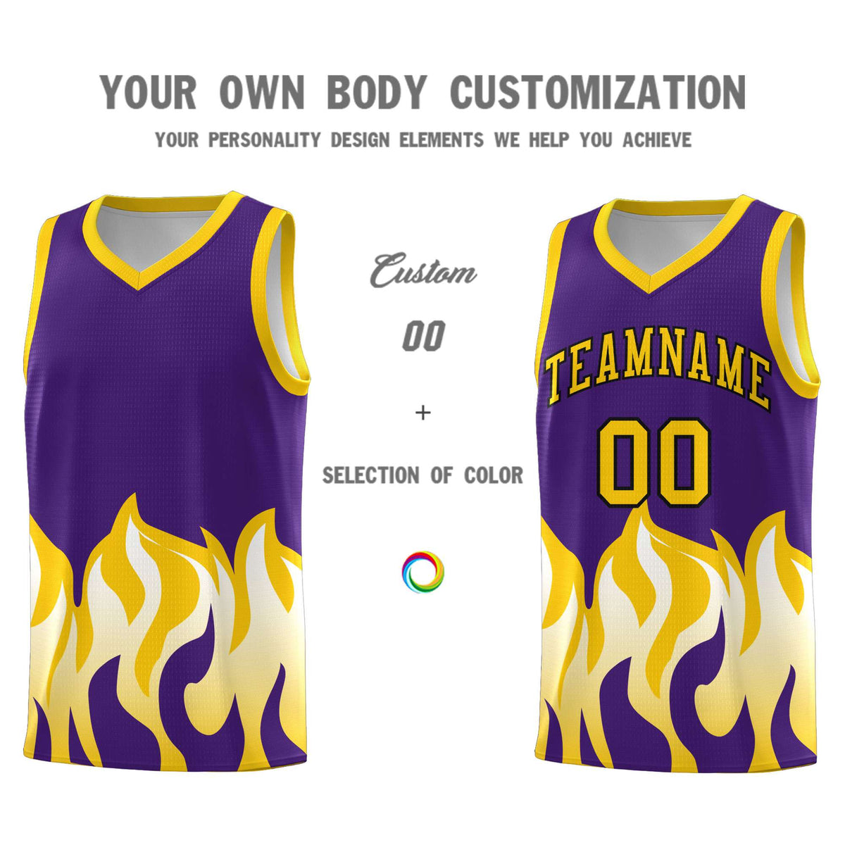 Custom Purple Gold Hem Flame Pattern Fashion Sports Uniform Basketball Kits