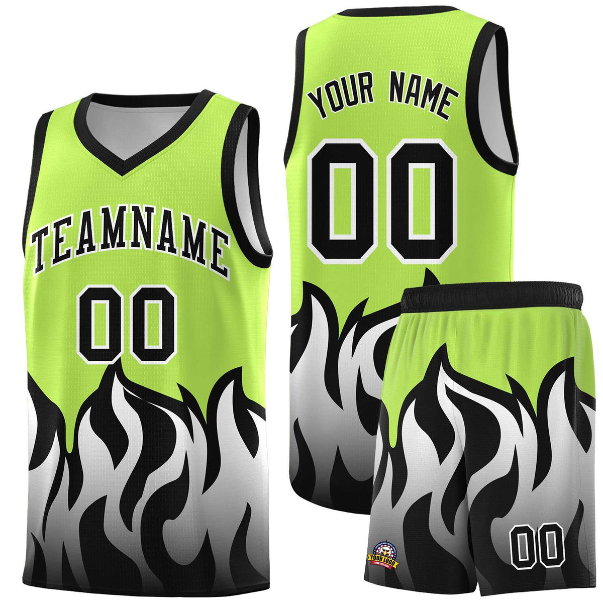 Custom Neon Green Black Hem Flame Pattern Fashion Sports Uniform Basketball Kits