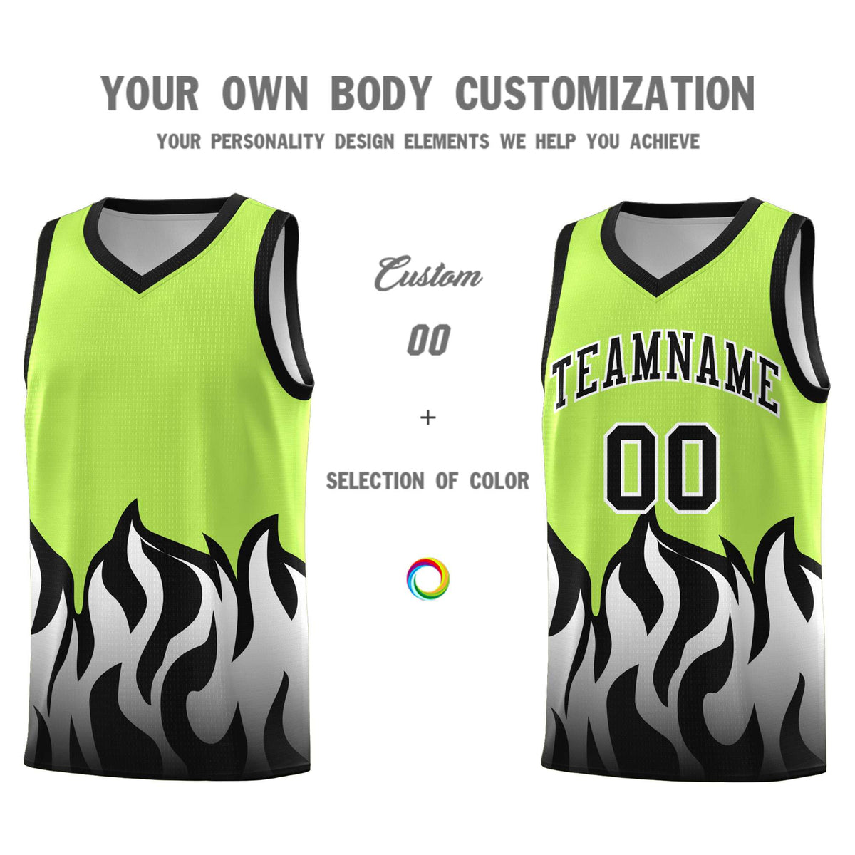 Custom Neon Green Black Hem Flame Pattern Fashion Sports Uniform Basketball Kits
