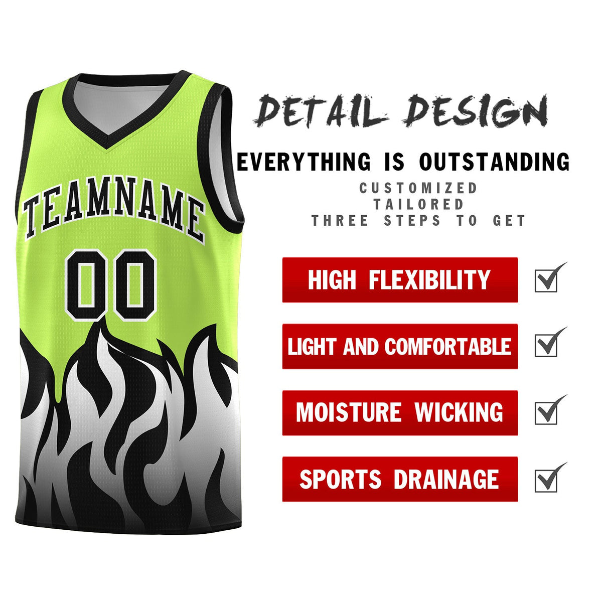 Custom Neon Green Black Hem Flame Pattern Fashion Sports Uniform Basketball Kits