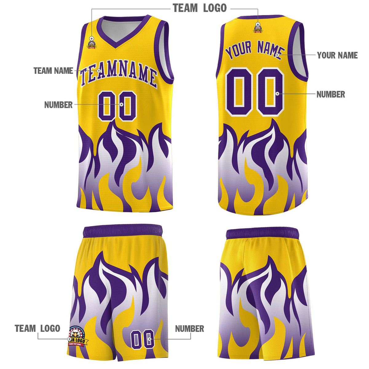 Custom Yellow Purple Hem Flame Pattern Fashion Sports Uniform Basketball Kits