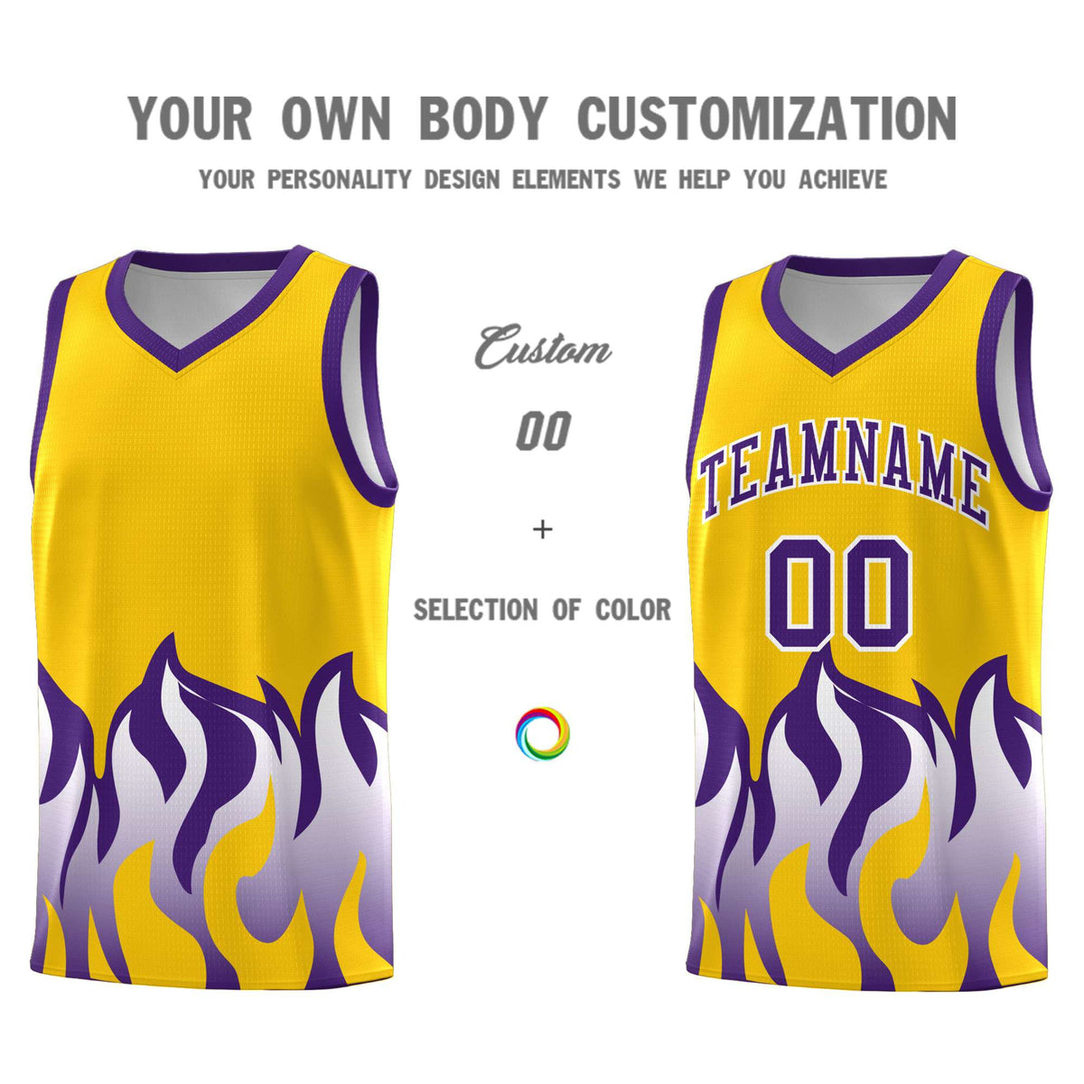 Custom Yellow Purple Hem Flame Pattern Fashion Sports Uniform Basketball Kits