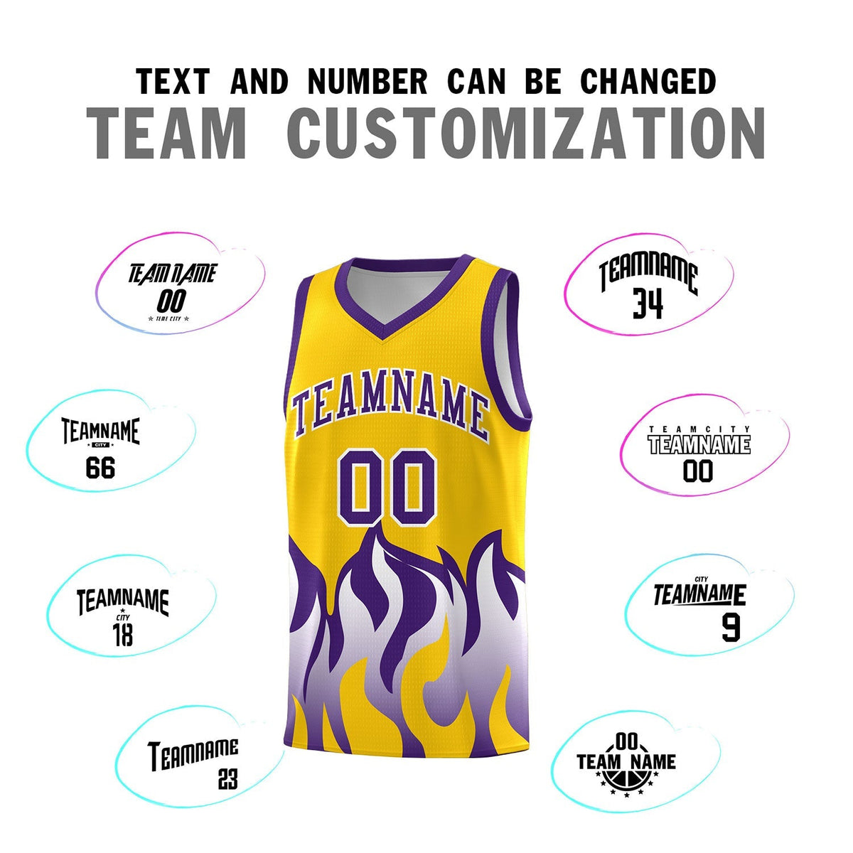 Custom Yellow Purple Hem Flame Pattern Fashion Sports Uniform Basketball Kits