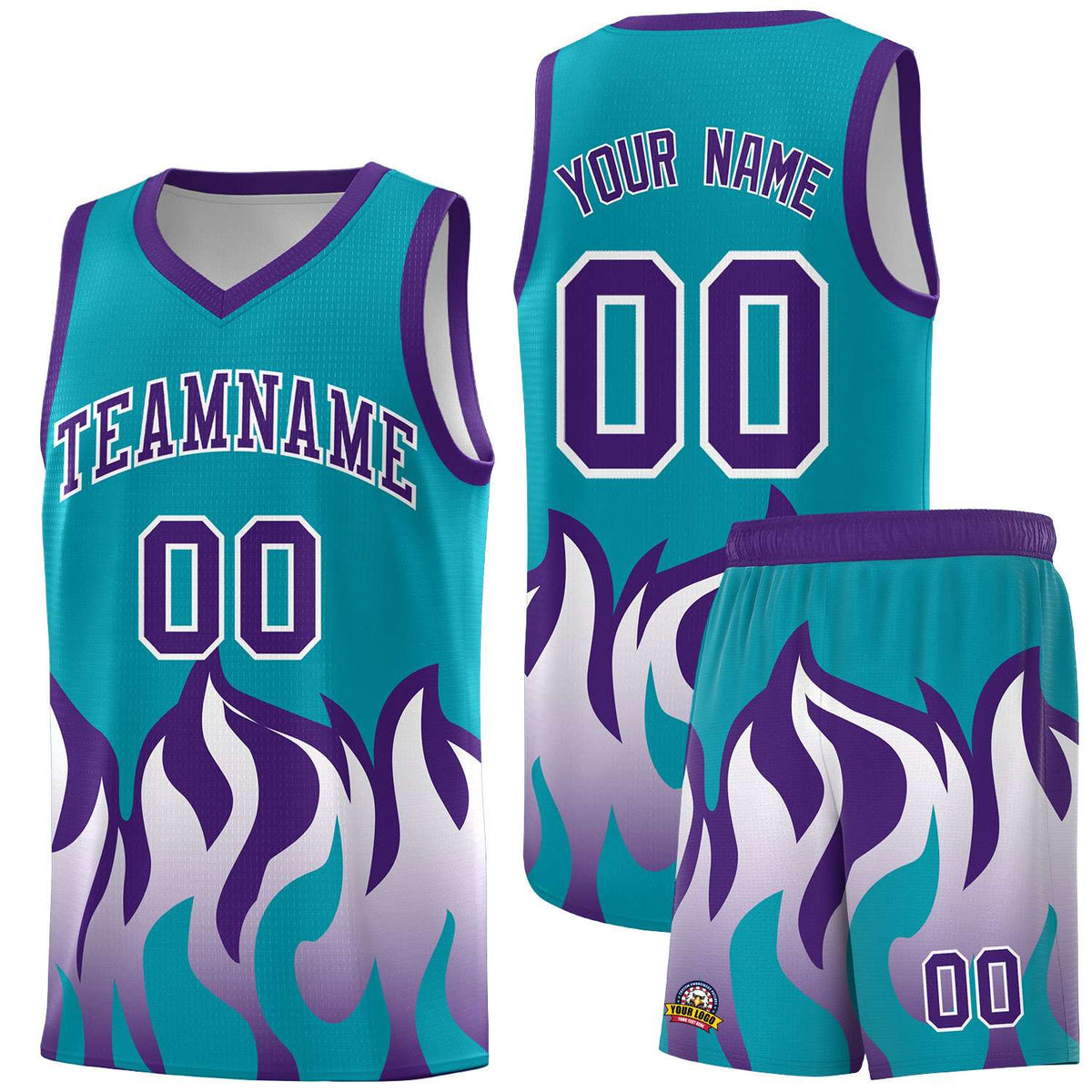 Custom Aqua Purple Hem Flame Pattern Fashion Sports Uniform Basketball Kits