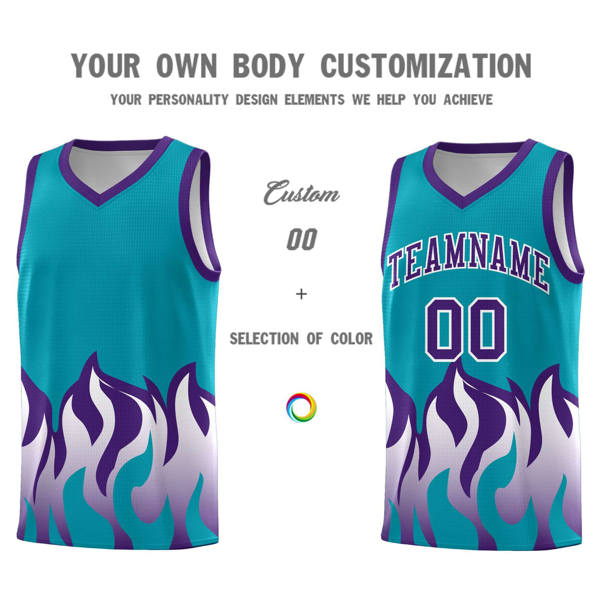 Custom Aqua Purple Hem Flame Pattern Fashion Sports Uniform Basketball Kits