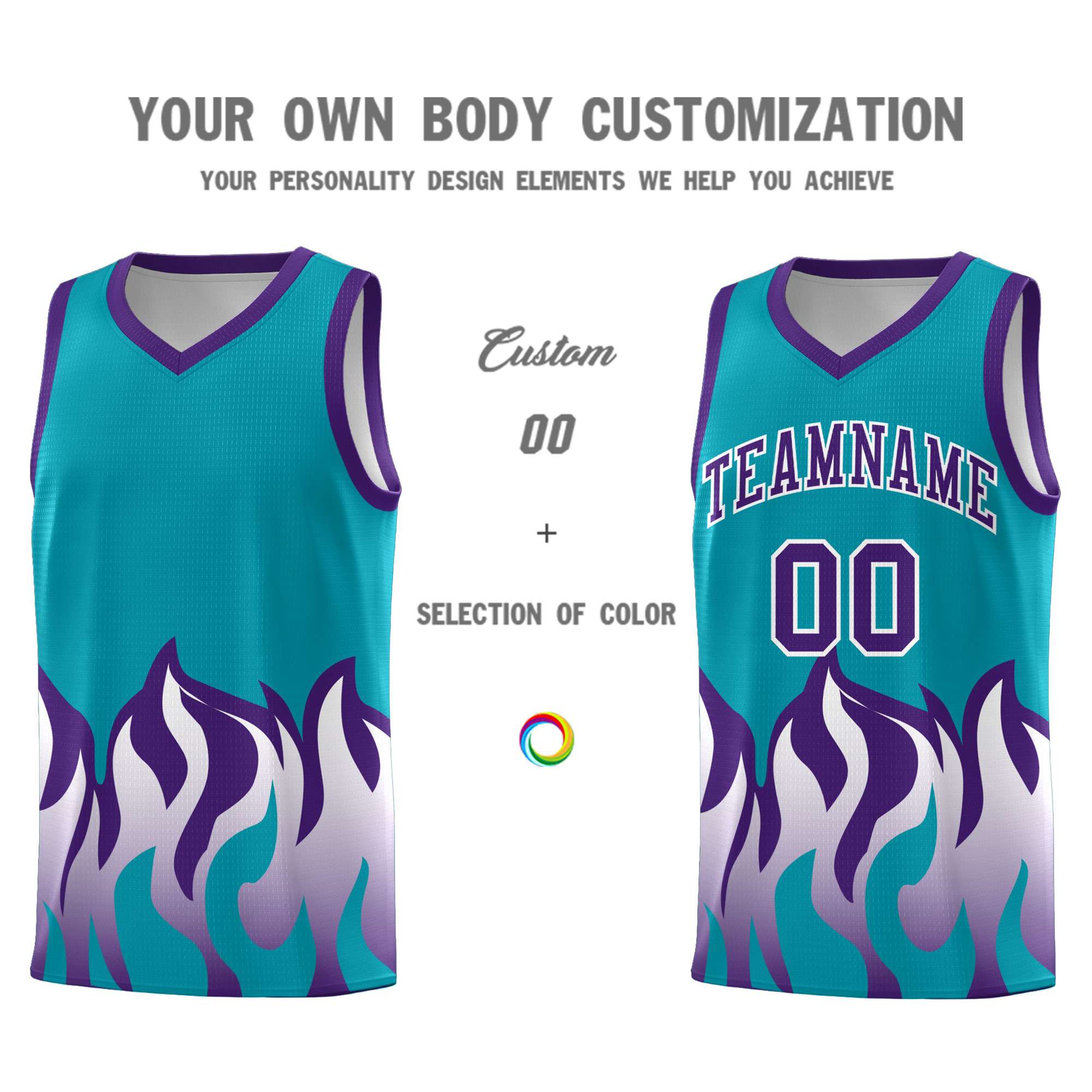 Custom Aqua Purple Hem Flame Pattern Fashion Sports Uniform Basketball Kits