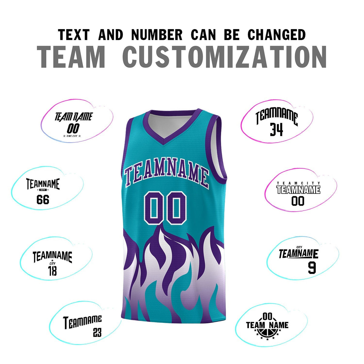 Custom Aqua Purple Hem Flame Pattern Fashion Sports Uniform Basketball Kits