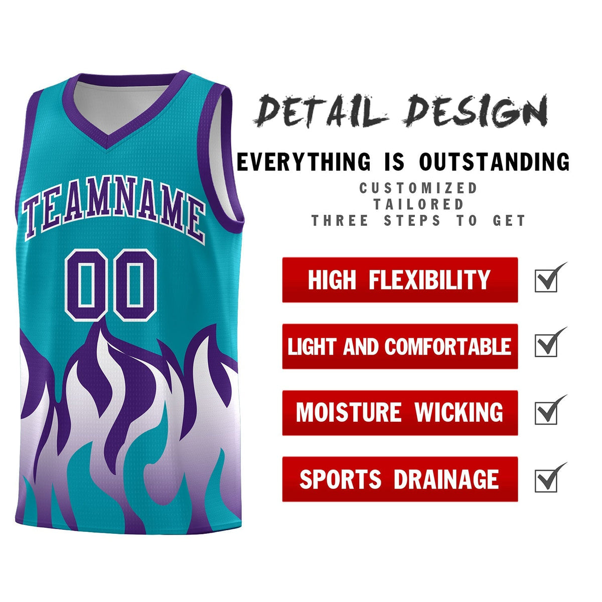 Custom Aqua Purple Hem Flame Pattern Fashion Sports Uniform Basketball Kits