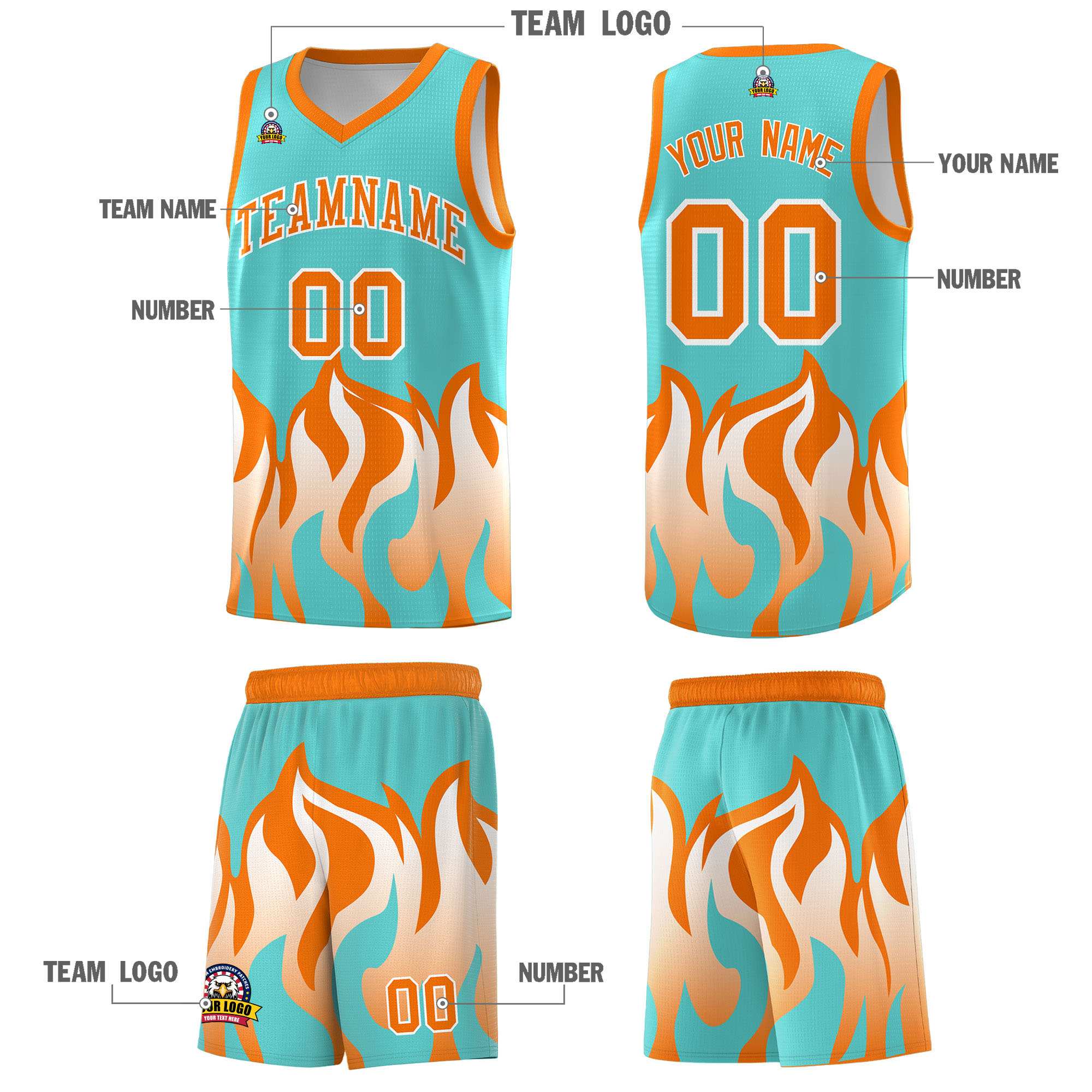 Custom Bright Green Orange Hem Flame Pattern Fashion Sports Uniform Basketball Kits