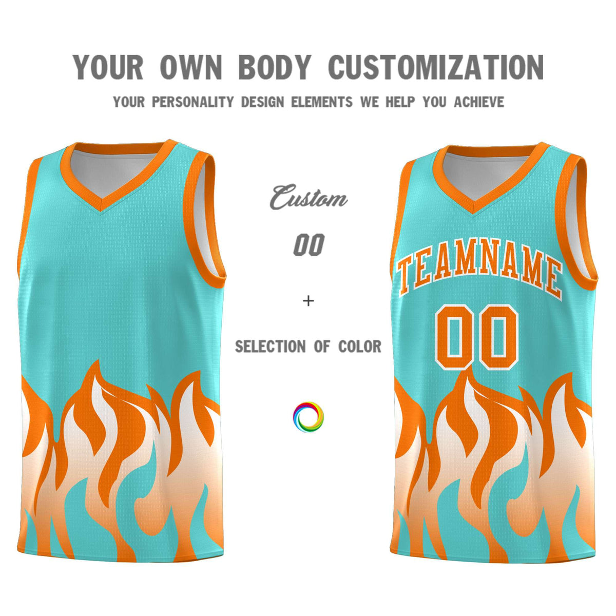 Custom Bright Green Orange Hem Flame Pattern Fashion Sports Uniform Basketball Kits
