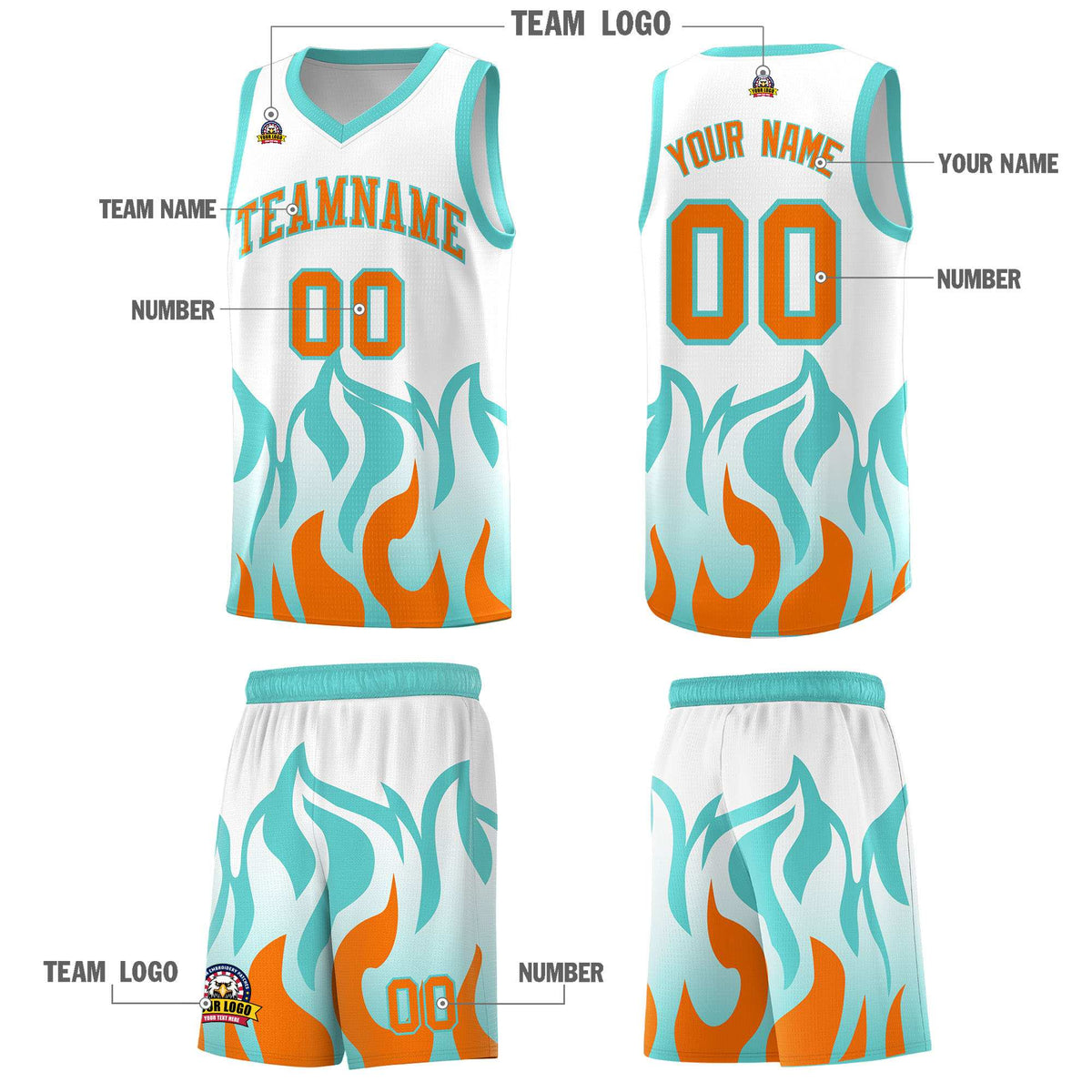 Custom White Orange Hem Flame Pattern Fashion Sports Uniform Basketball Kits