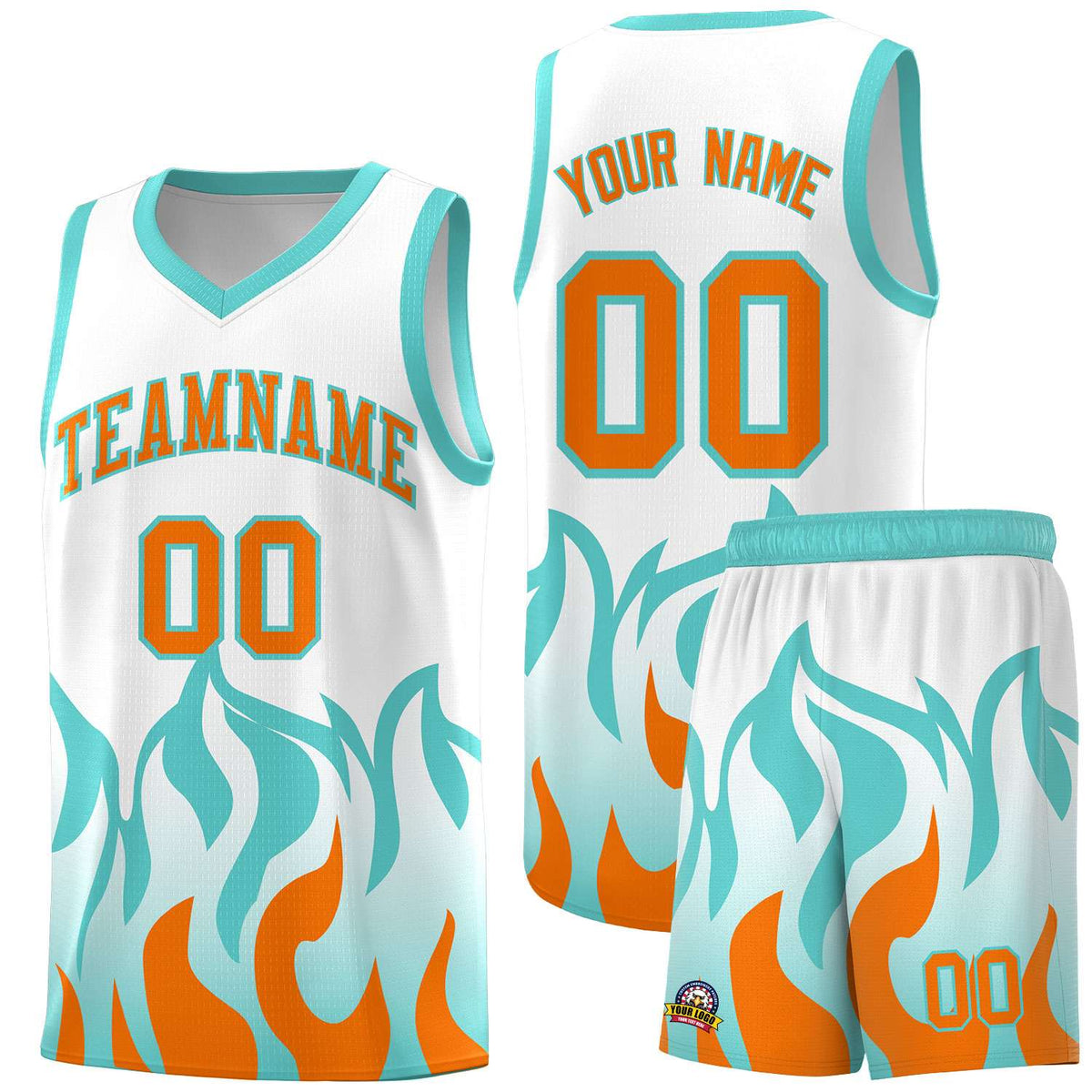 Custom White Orange Hem Flame Pattern Fashion Sports Uniform Basketball Kits